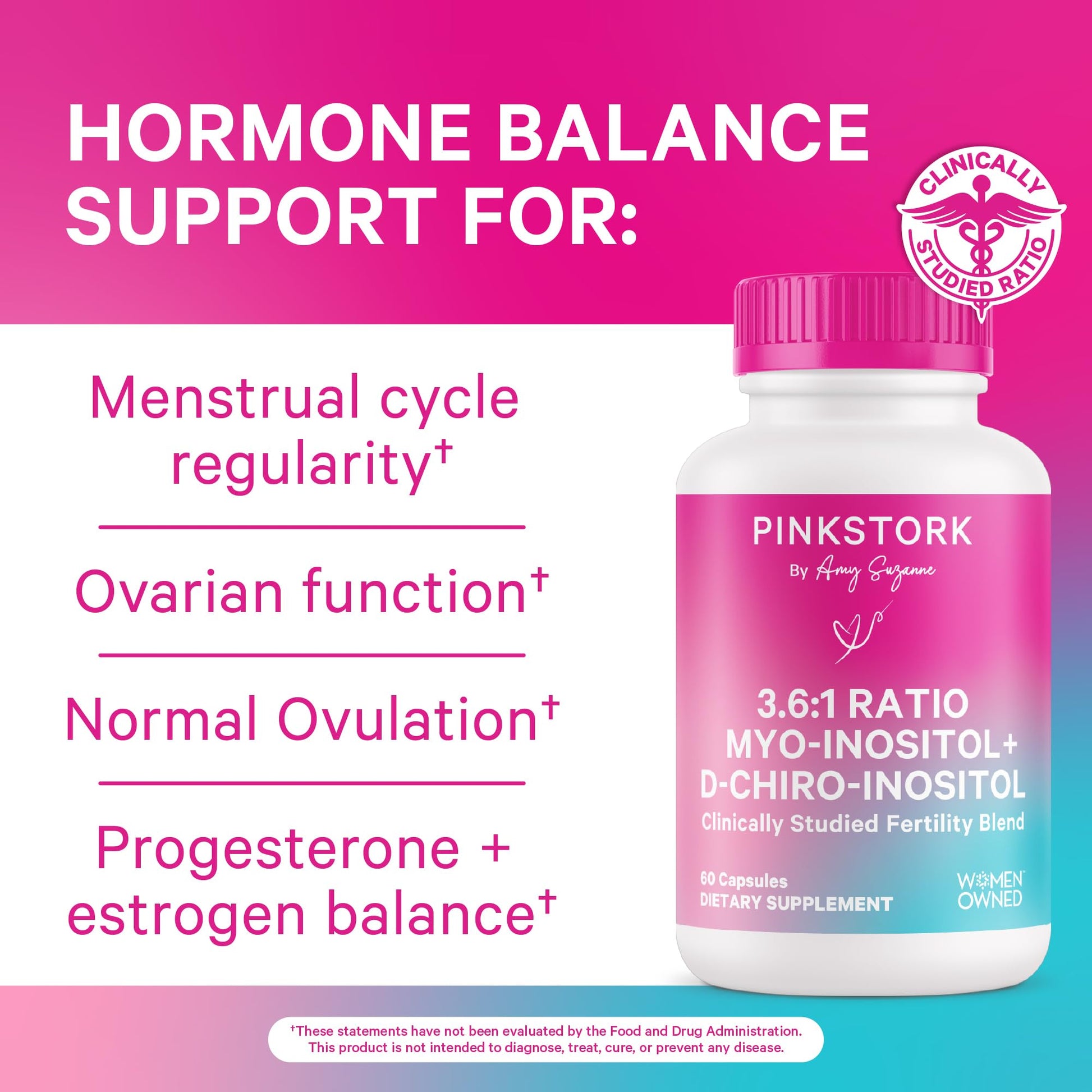 Pink Stork Myo-Inositol & D-Chiro Inositol: 3.6:1 Blend to Support Fertility, Hormone Balance for Women - Ovarian Function, Ovulation, Conception, and Period Support Supplement - 60 Capsules Pink Stork uk supplements