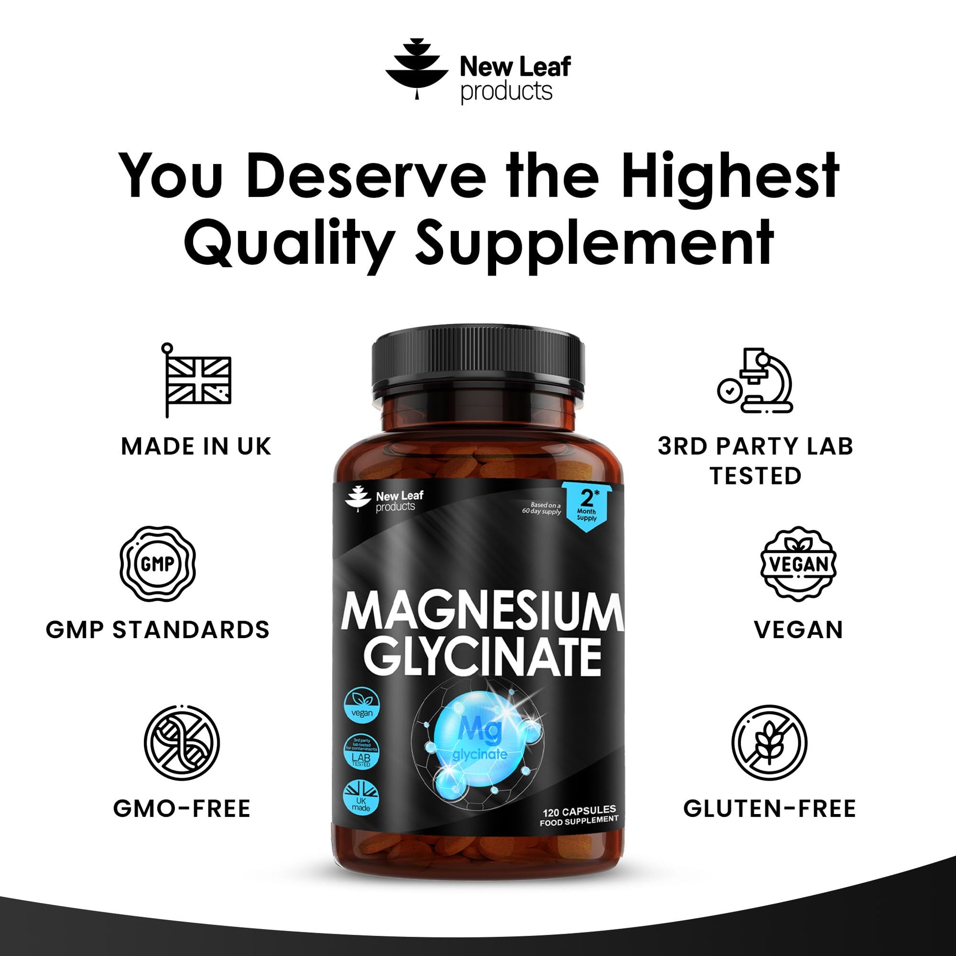 Magnesium Glycinate Supplements - 1040mg of Magnesium - 120 High Strength Capsules NEW LEAF PRODUCTS uk supplements