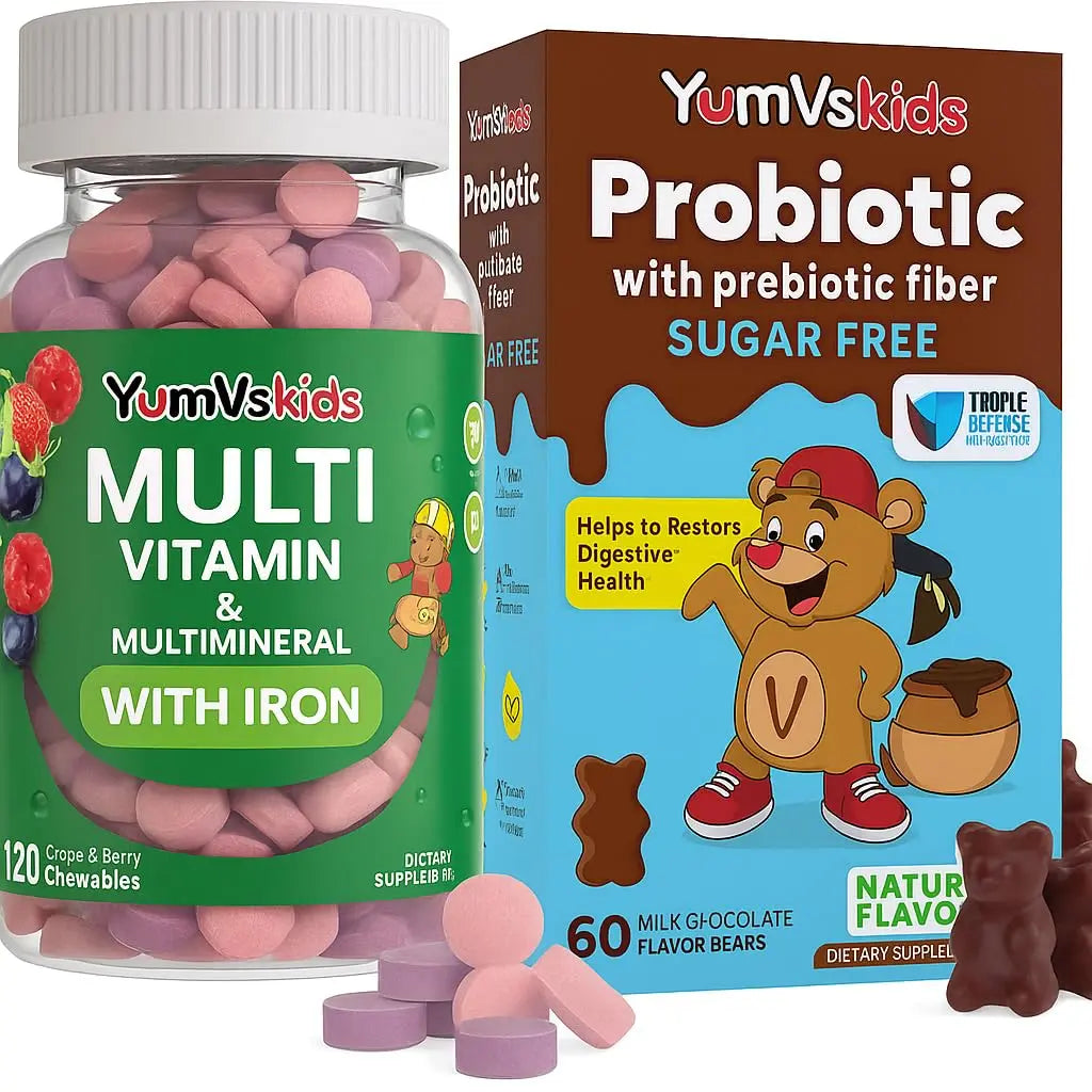 YUM-V'S Probiotics & Multivitamin Bundle for Kids – Probiotic with Prebiotic Fiber Chocolate Bears + Multivitamin & Multimineral with Iron Chewables – Digestive, Immune & Overall Health Support YUM-V'S uk supplements