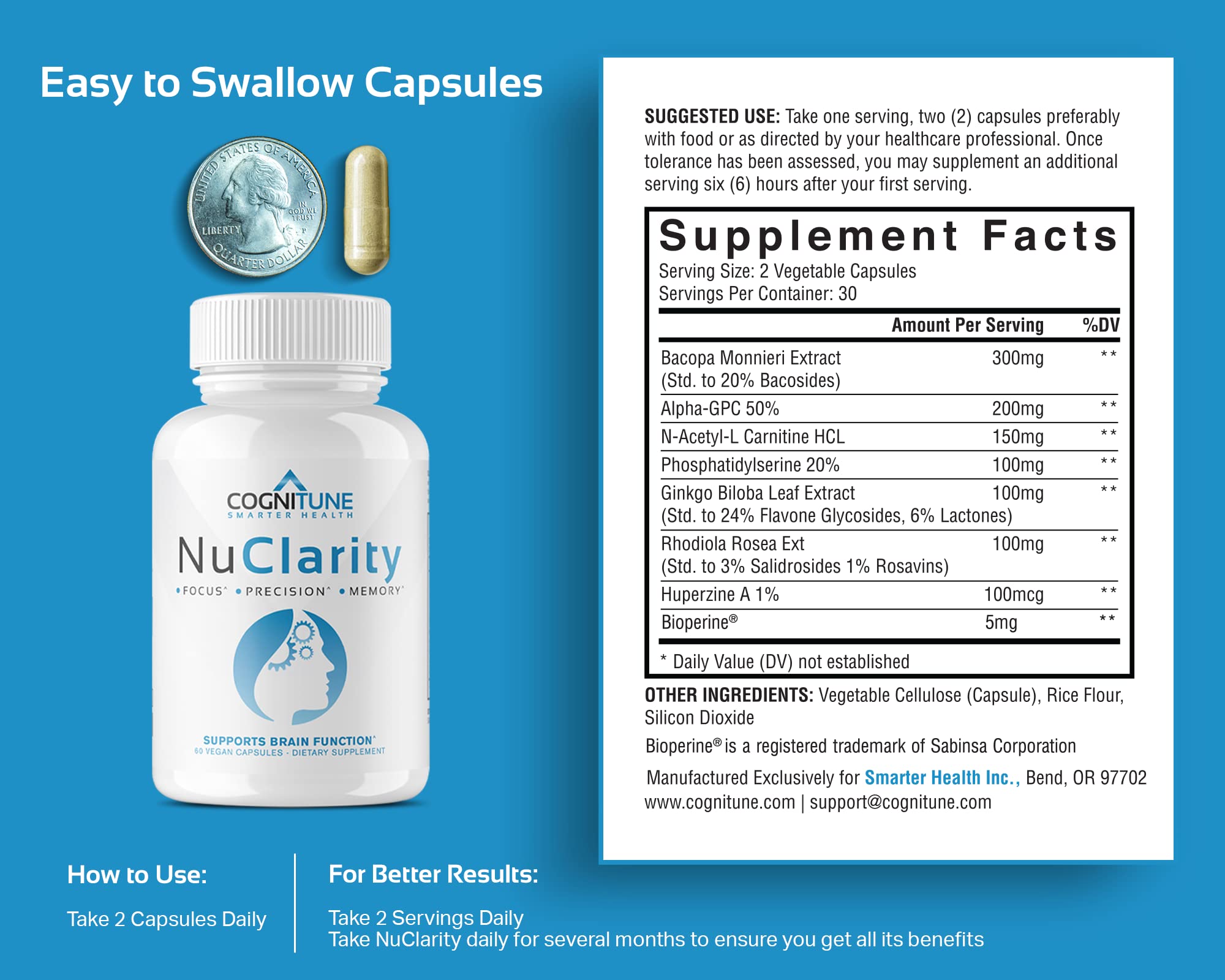 CogniTune NuClarity Brain Supplement for Memory and Focus - Caffeine-Free Nootropic for Mental Clarity Without Jitters - with Ginkgo Biloba, Bacopa Monnieri, Alpha-GPC for Cognitive Support CogniTune uk supplements