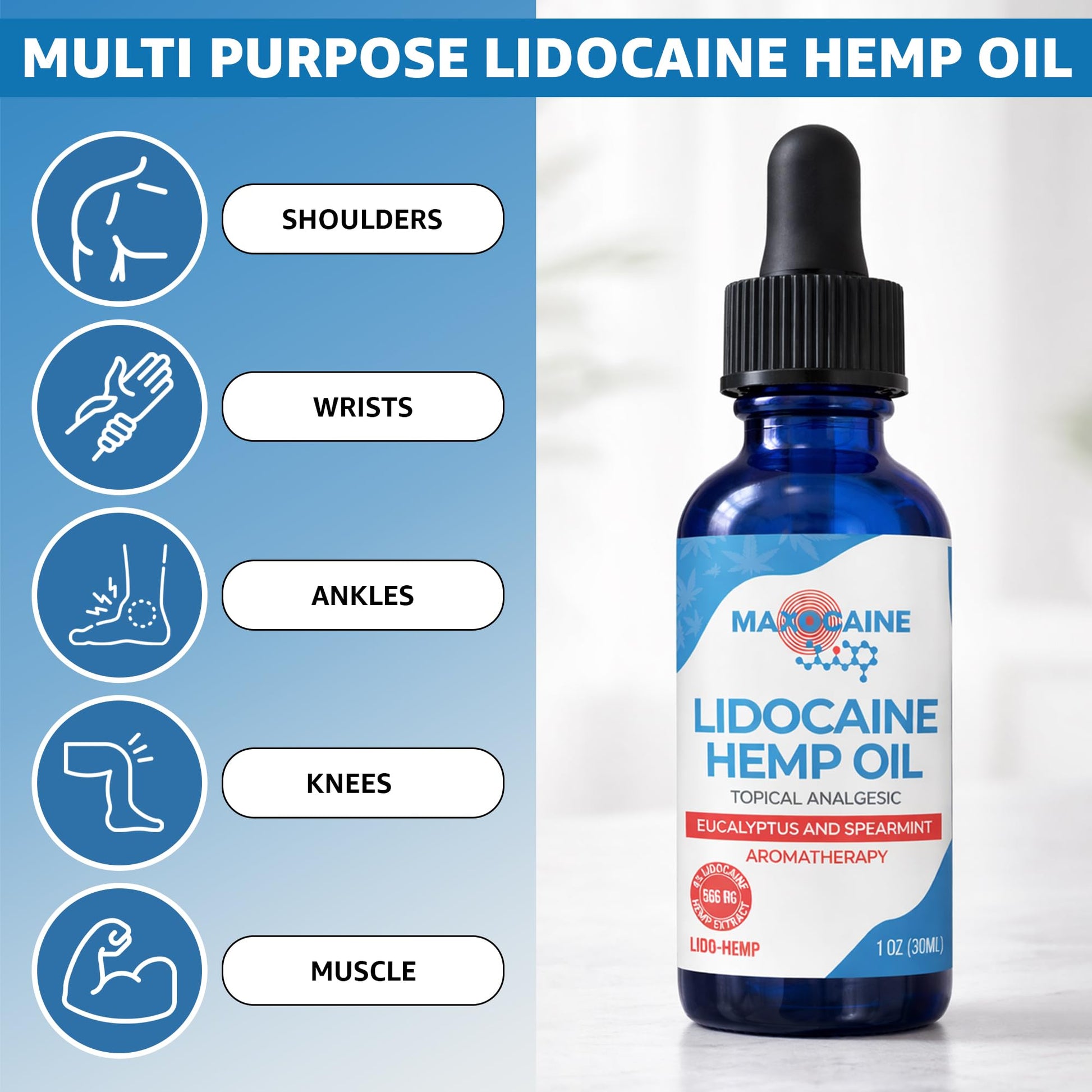 MAXOCAINE Lidocaine Hemp Oil 4% - Maximum Strength Topical Pain Relief, Fast Acting Soothing Oil for Muscle, Joint, Back & Arthritis Support, Cooling Eucalyptus & Spearmint, 1 oz (30 ml) MAXOCAINE uk supplements