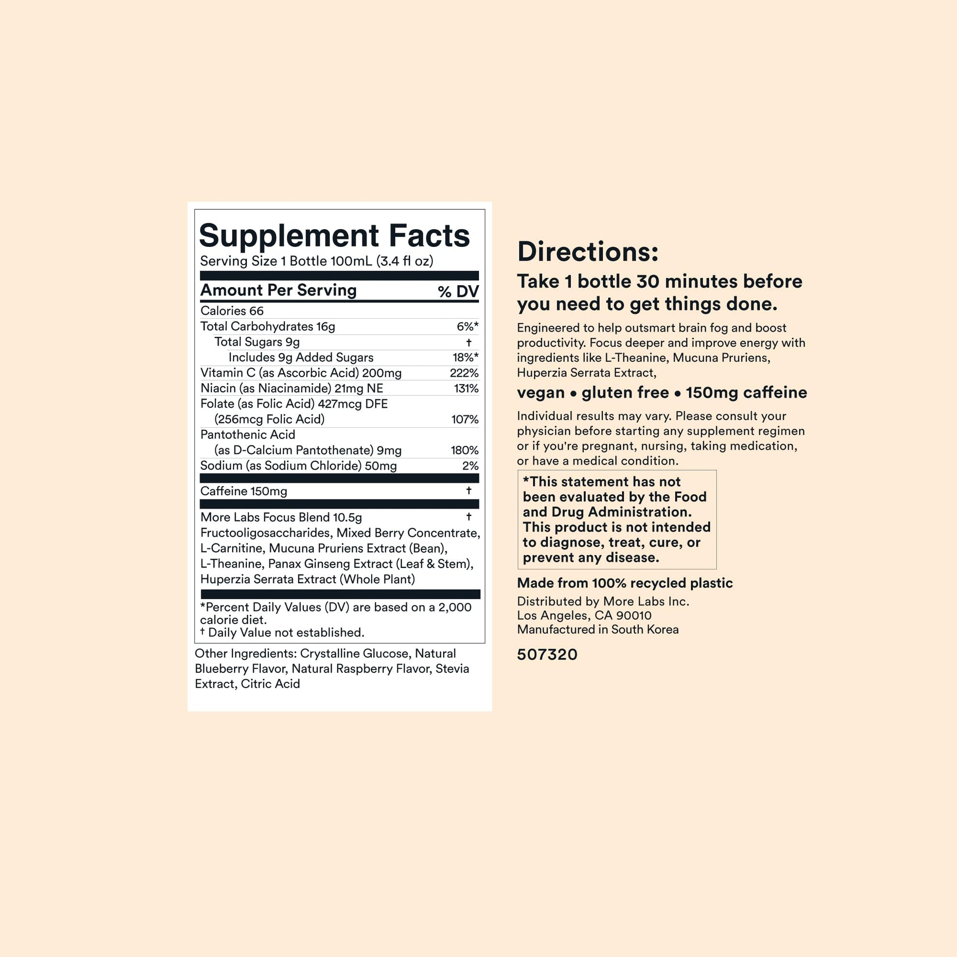 More Labs Liquid Focus, Nootropic Smart Drink with Powerful Antioxidants & Adaptogenic Herbs for Energy and Concentration, 150mg Caffeine (Pack of 12) More Labs uk supplements