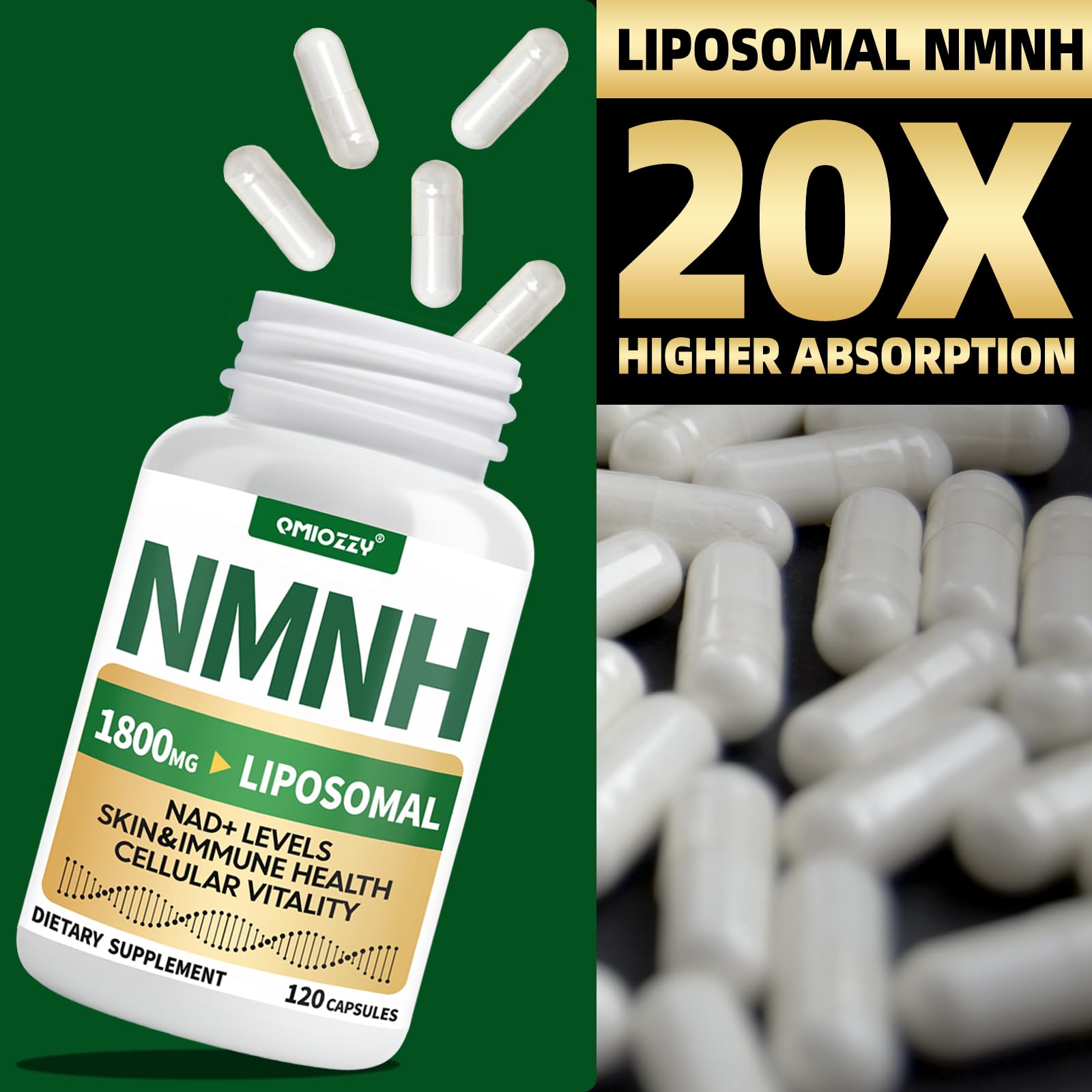 NMNH Supplement 1000mg - Nicotinamide Mononucleotide Alternative, Boost NAD+ with Liposomal Resveratrol & Nicotinamide Riboside NR, for Healthy Cellular, Aging, Energy, 120 Vegan Non-GMO Capsules Qmiozzy uk supplements