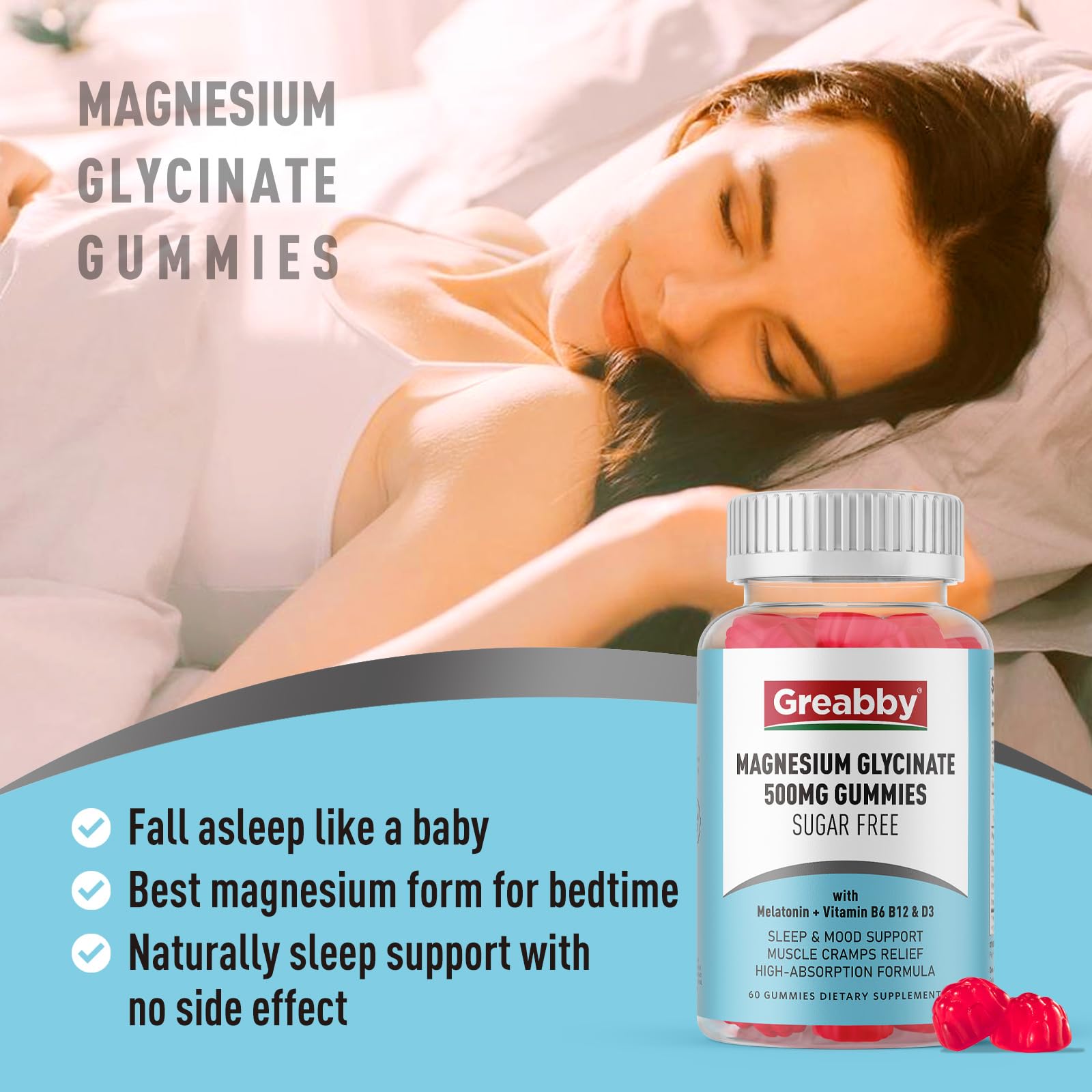 Greabby Magnesium Glycinate Gummies 500mg for Adults Sleep Support, Chewable Magnesium Gummies for Women & Men, Muscle Relief & Magnesium Supply (60 Count) GREABBY uk supplements