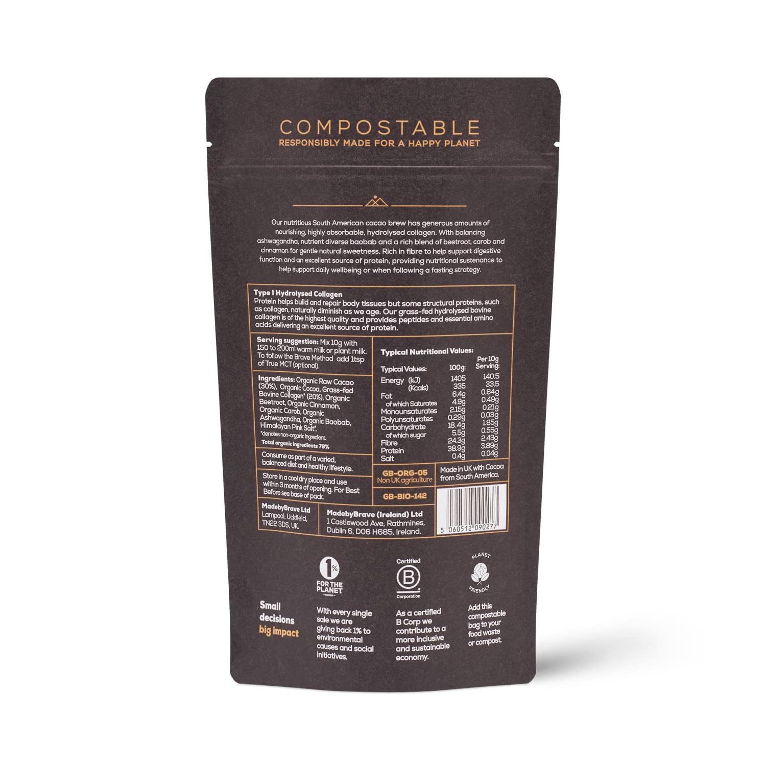 Ancient + Brave - Cacao + Collagen Powder 250g - Peruvian Raw Cacao Hot Chocolate with Grass Ancient + Brave uk supplements