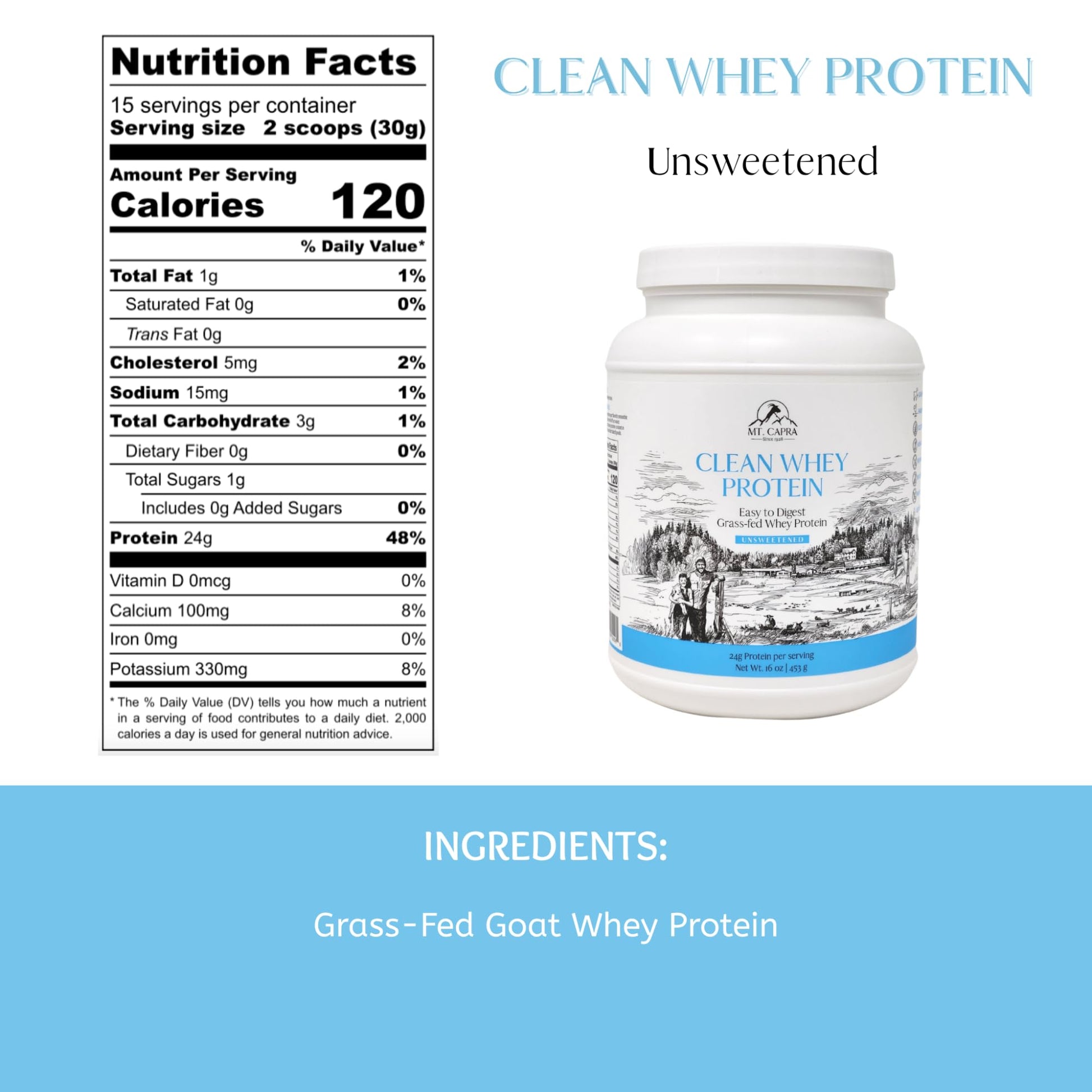 Mt. Capra Clean Whey Protein | Grass-Fed Undenatured Goat Whey Protein Powder | 24 g Protein Per Serving, All Natural, Non-GMO, High in Branch Chain Amino Acids | Unsweetened | 15 Servings - 16 oz MT. CAPRA SINCE 1928 uk supplements