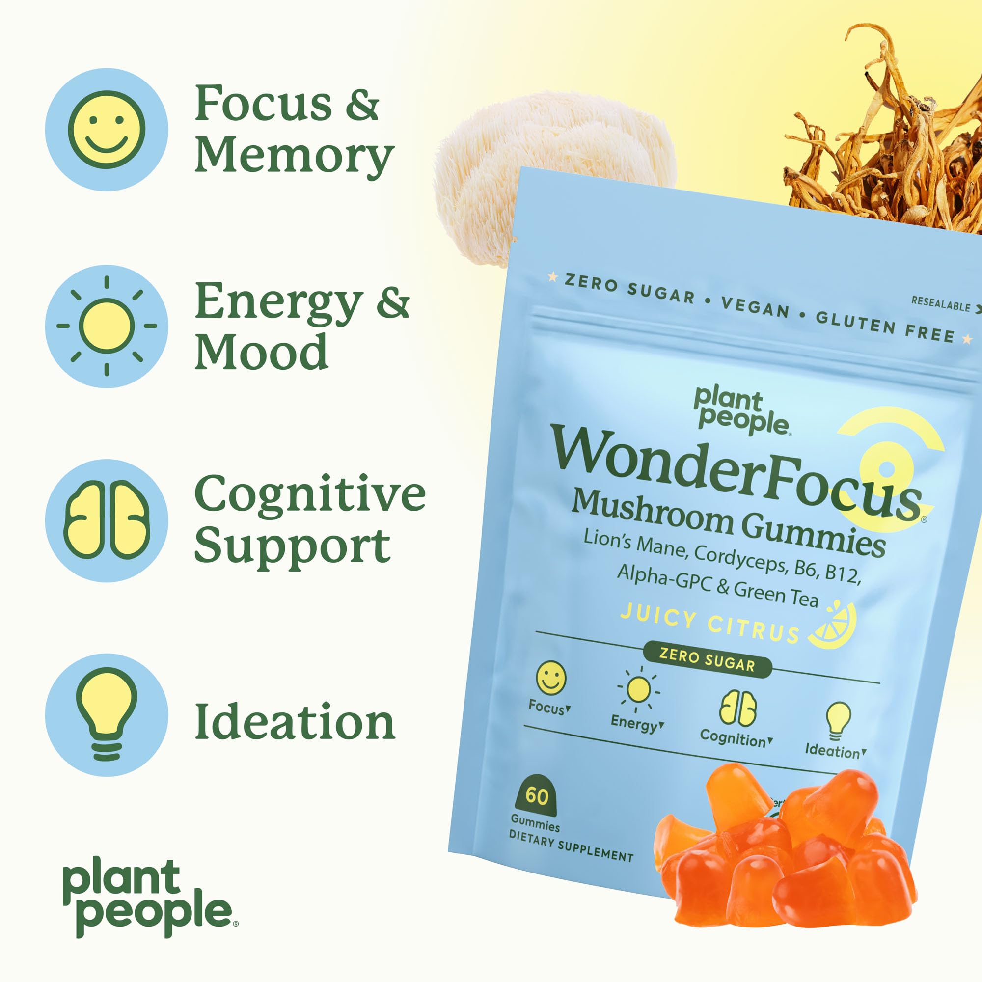 Plant People WonderFocus Mushroom Gummies with Lion’s Mane & Cordyceps - Nootropic Brain Supplement Boosts Memory, Focus, Energy & Mood in Adults | No Sugar, 100% Vegan, Citrus Flavor, 60 Count Plant People uk supplements