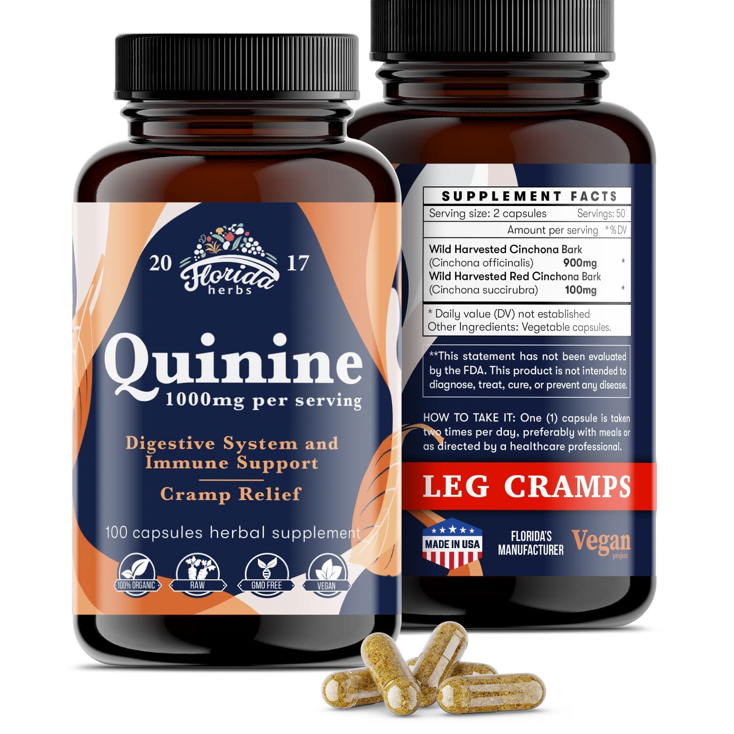Leg Cramps Support Organic Pills - 1000 mg - Quinine Tablets for Cramp Defense FLORIDA HERBS uk supplements