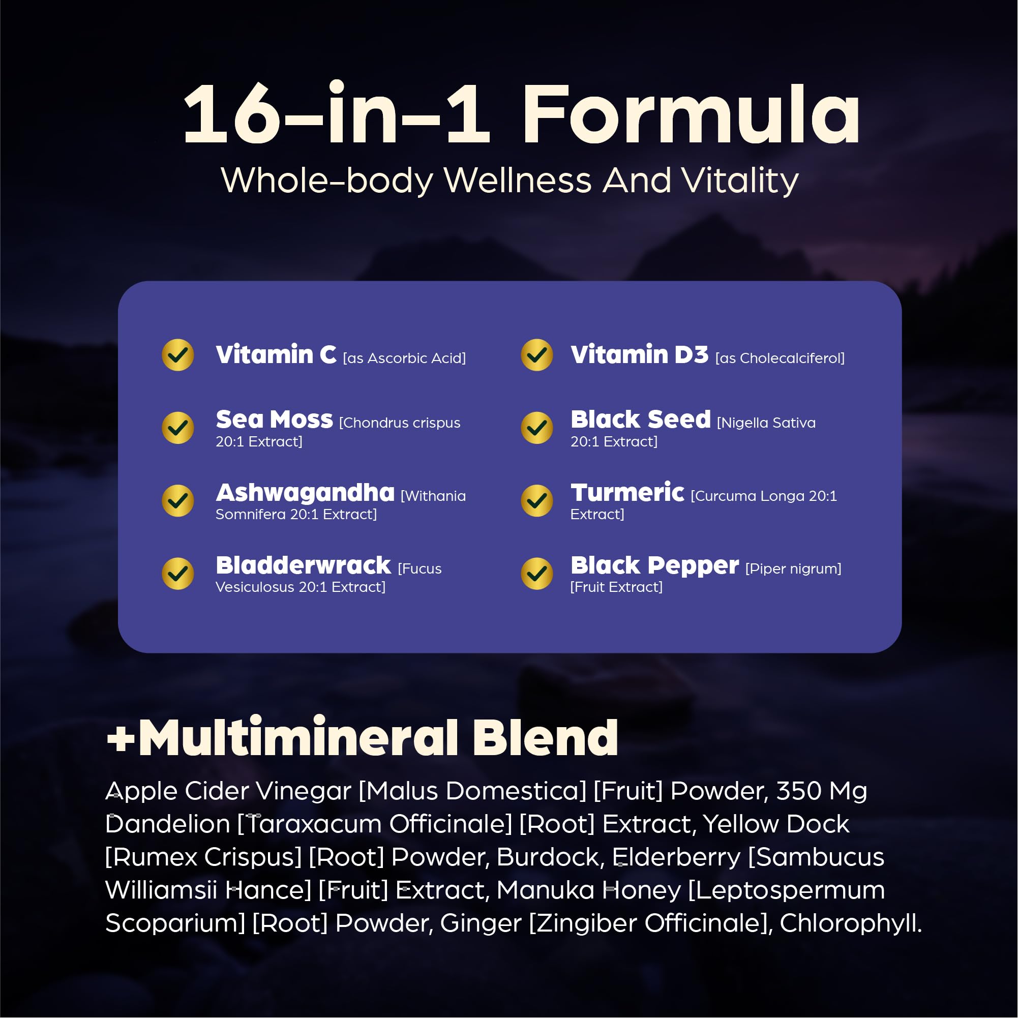 Anuva 16-in-1 Sea Moss Capsules | Black Seed Oil, Ashwagandha, with Vitamin C, D3, Turmeric, Burdock, Bladderwrack & Multi-Minerals | Immune, Skin, Joint & Energy Support | 60 Veggie Capsules Anuva uk supplements