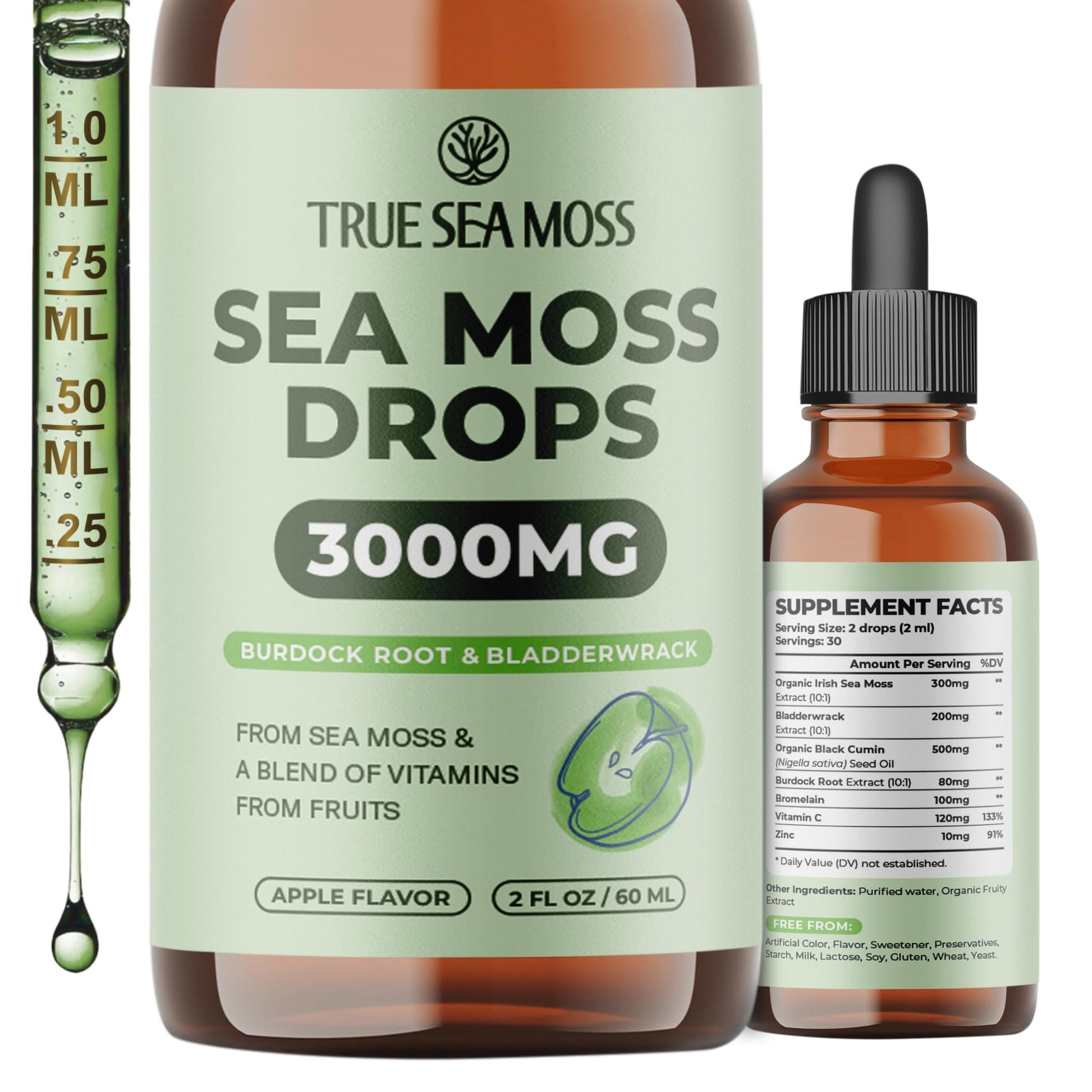 Irish Sea Moss Liquid Drops - 3000mg Formula - with Bladderwrack, Burdock Root & Black Cumin Seed - Liquid Supplement - Apple Flavor - 2 Fl Oz (60ml) TrueSeaMoss uk supplements