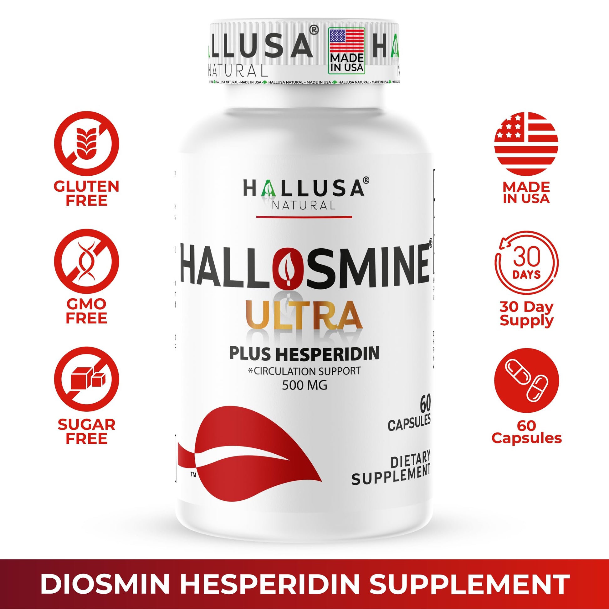 Hallusa Natural Hallosmine Ultra Diosmin 500mg & Hesperidin 150mg – Heavy Legs, Swelling & Vein - Blood Circulation Supplements, 60 Caps Hallusa Natural uk supplements