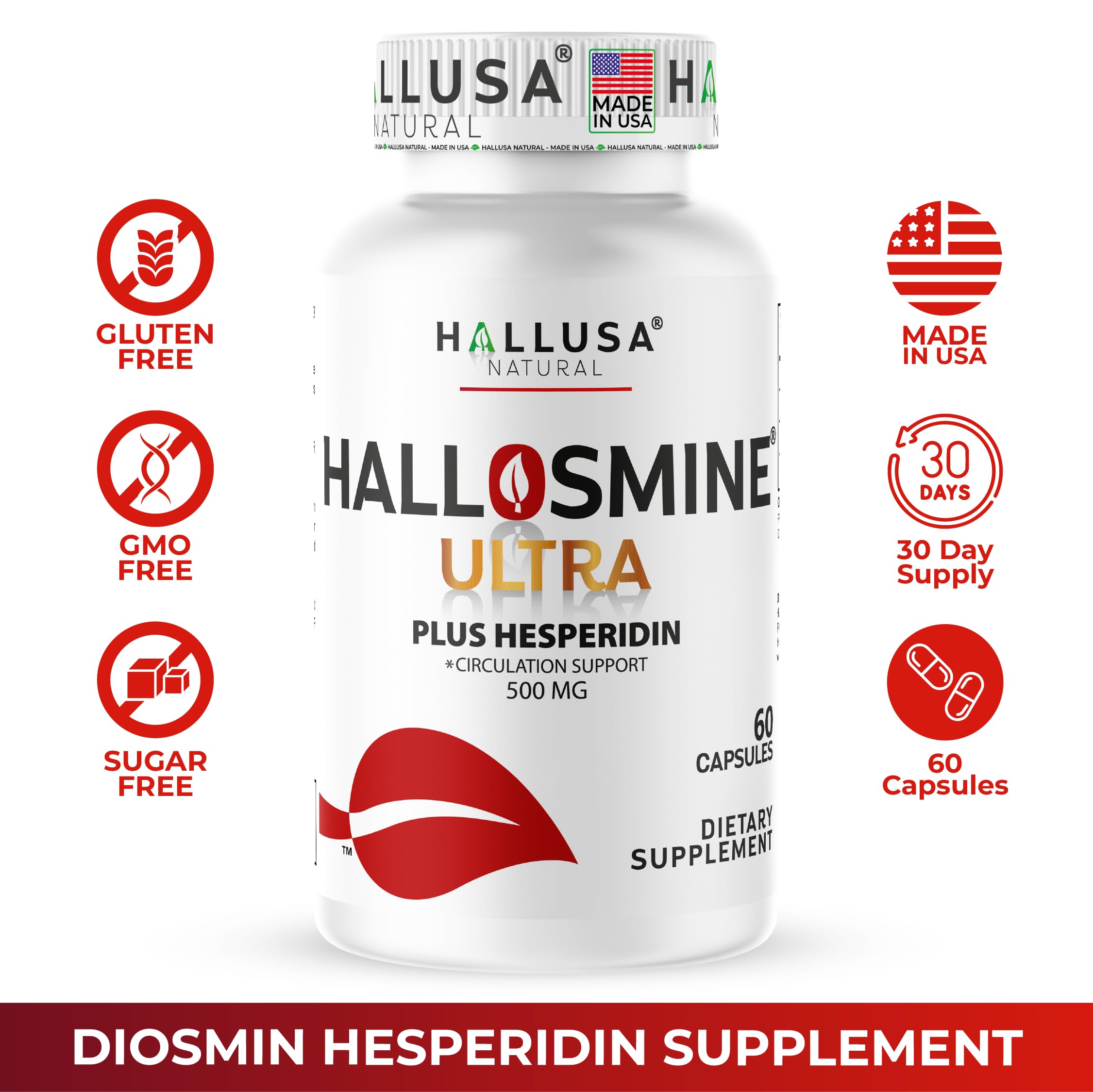 Hallusa Natural Hallosmine Ultra Diosmin 500mg & Hesperidin 150mg – Heavy Legs, Swelling & Vein - Blood Circulation Supplements, 60 Caps Hallusa Natural uk supplements
