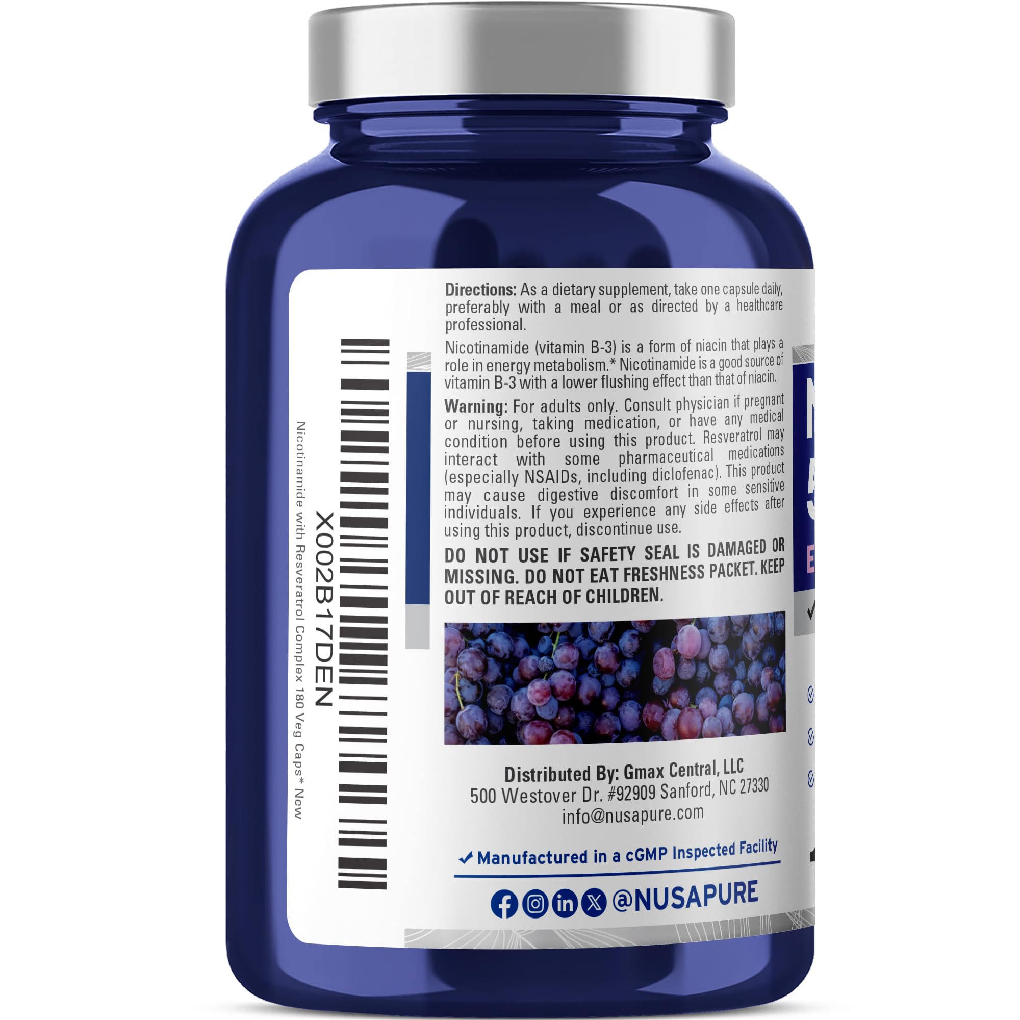 NusaPure Nicotinamide with Resveratrol (Vitamin B-3) 500 mg - 180 Vegetarian Caps (Non-GMO & Vegan) NusaPure uk supplements