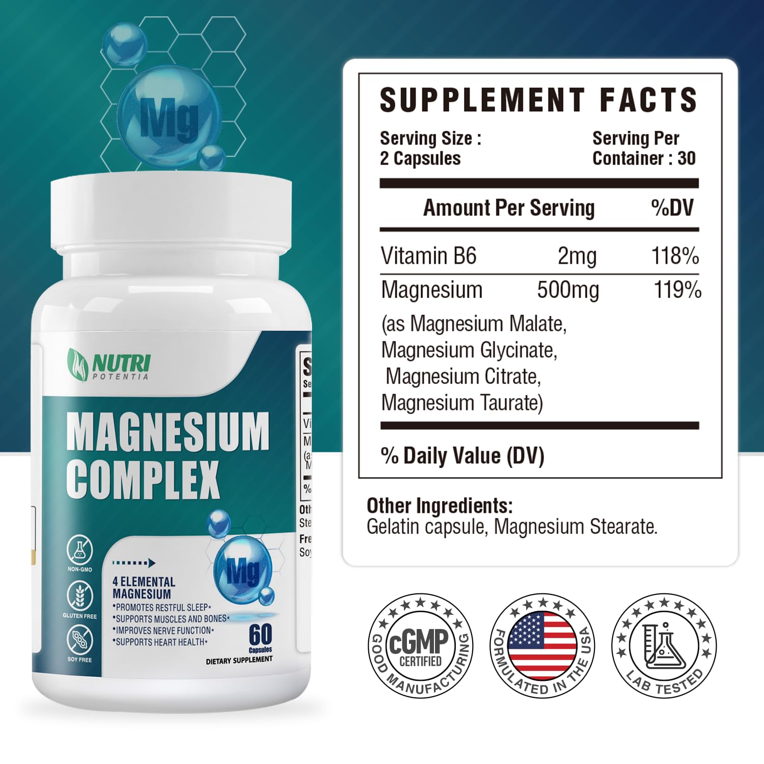 Magnesium Complex for Women&Men,With Glycinate Malate Citrate Taurate.Support for Sleep,Stress Relief,Cognitive Function,Magnesium Supplement 500mg,Third-Party Tested(Made & Tested in USA)-60 Capsules NUTRI POTENTIA uk supplements