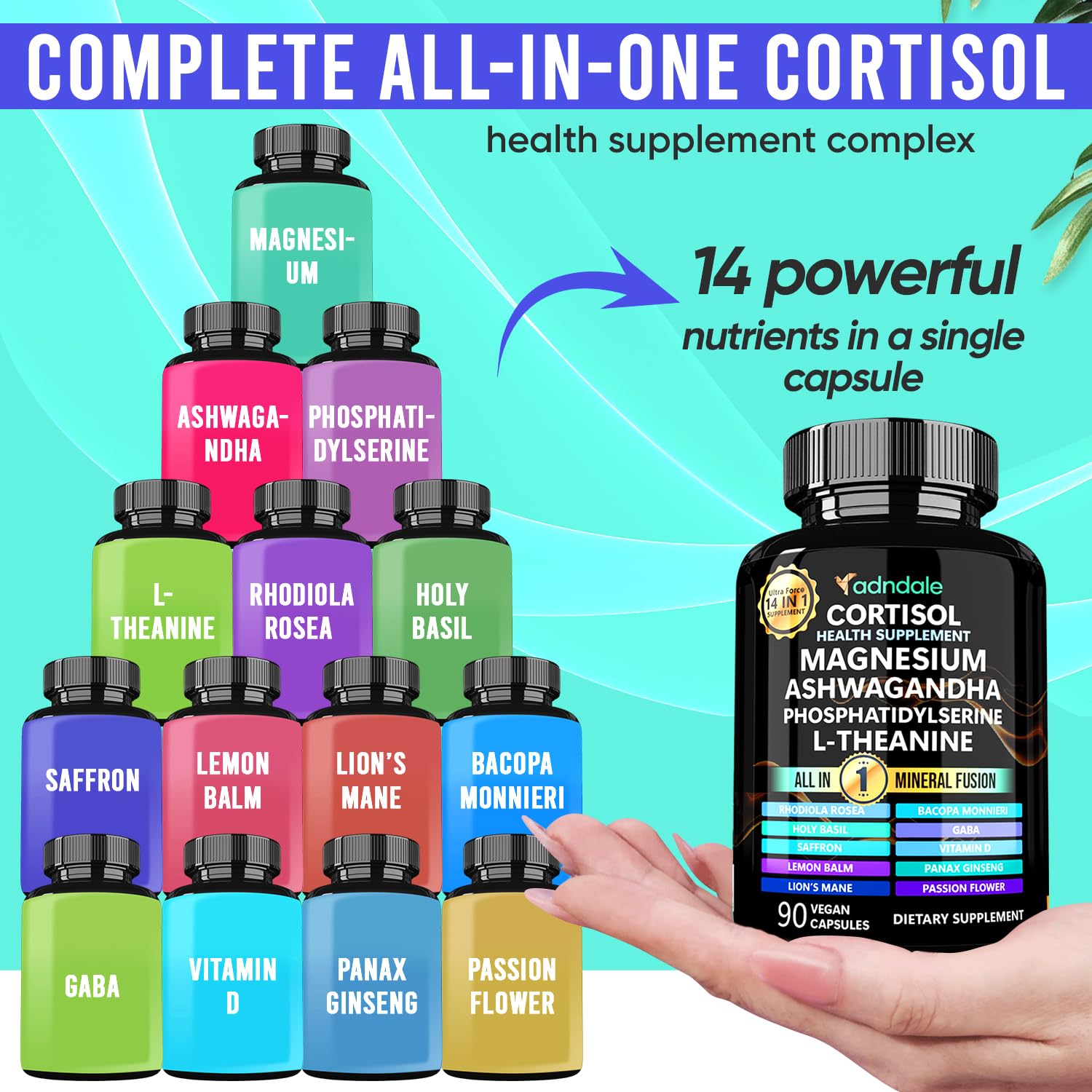 Adndale Cortisol Supplements for Women. Cortisol Reducer 14-in-1 Ashwagandha Supplement with Magnesium Glycinate, L-Theanine & More. 90 Capsules. Adndale uk supplements