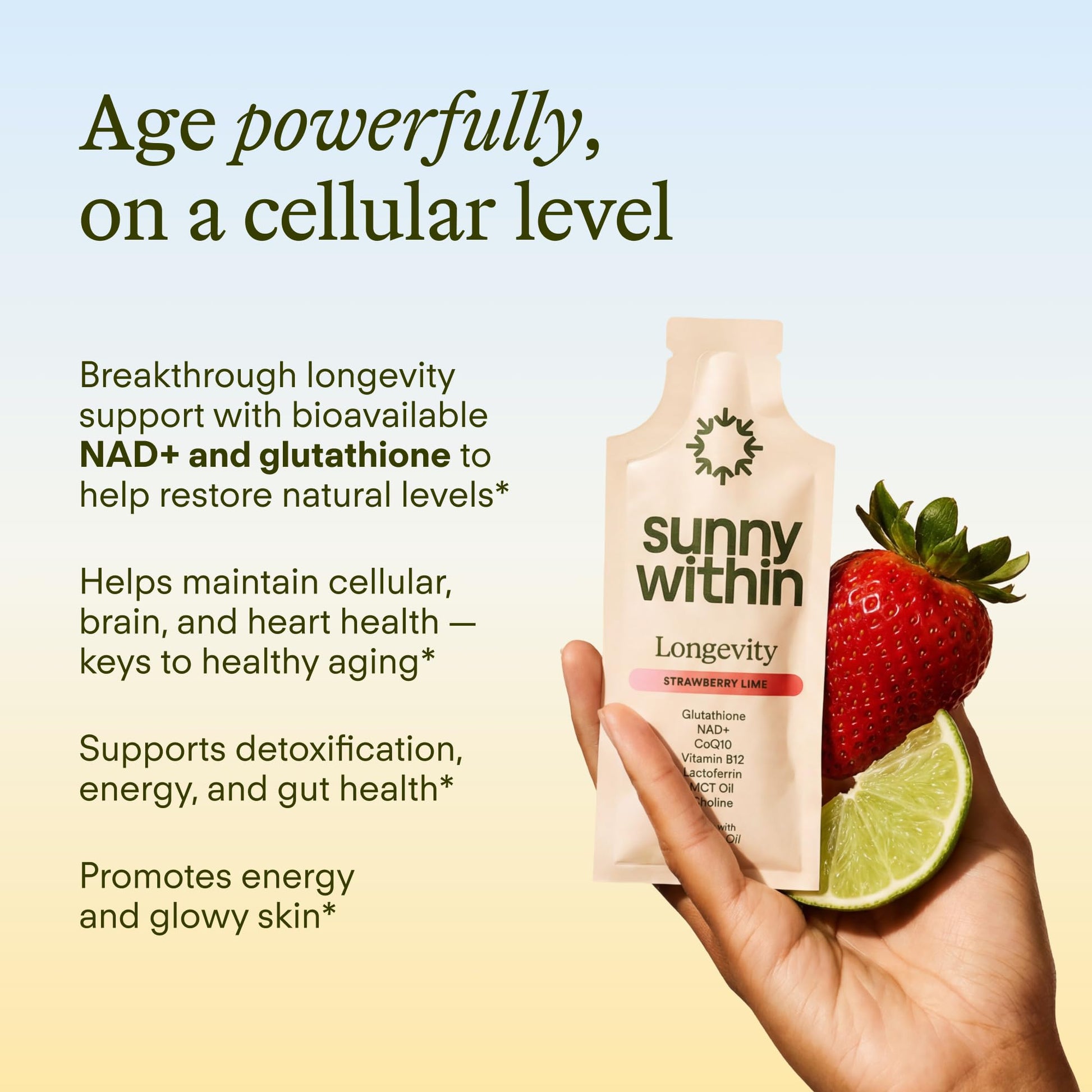 Sunny Within - Liposomal Glutathione Supplement NAD+ Longevity Mix w/Liquid NAD+, CoQ10, B12, MCT & Avocado Oil – Cellular Health, Energy, Brain, Gut & Heart Support* – Strawberry Lime – 30 Pouches Sunny Within uk supplements