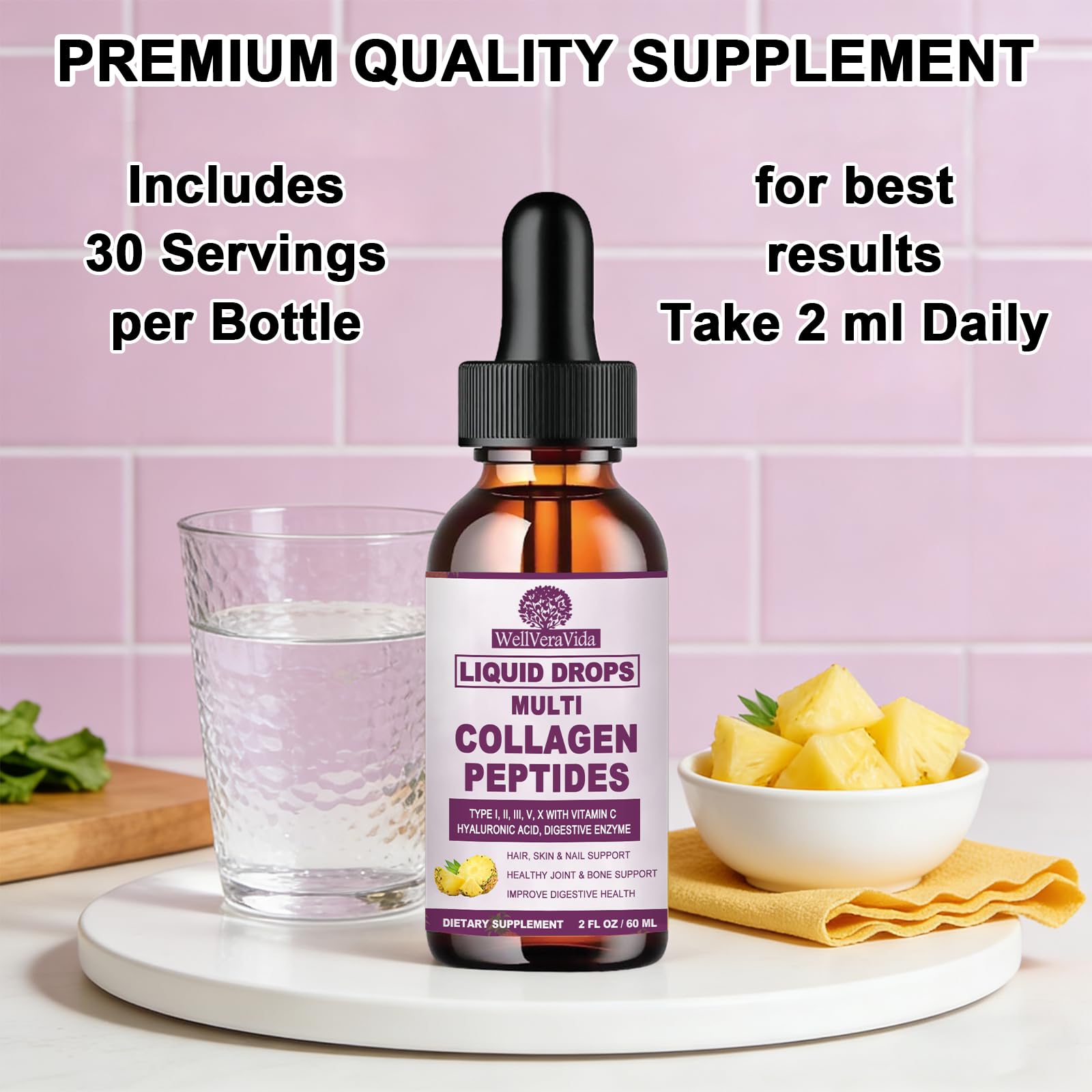 Multi Collagen Peptides Liquid Drops, 2oz – Types I, II, III, V, X, Hydrolyzed Collagen Complex for Hair, Skin, Nails, Bones & Joint Support | Collagen Supplement w. Hyaluronic Acid, Biotin, Vitamin C WellVeraVida uk supplements