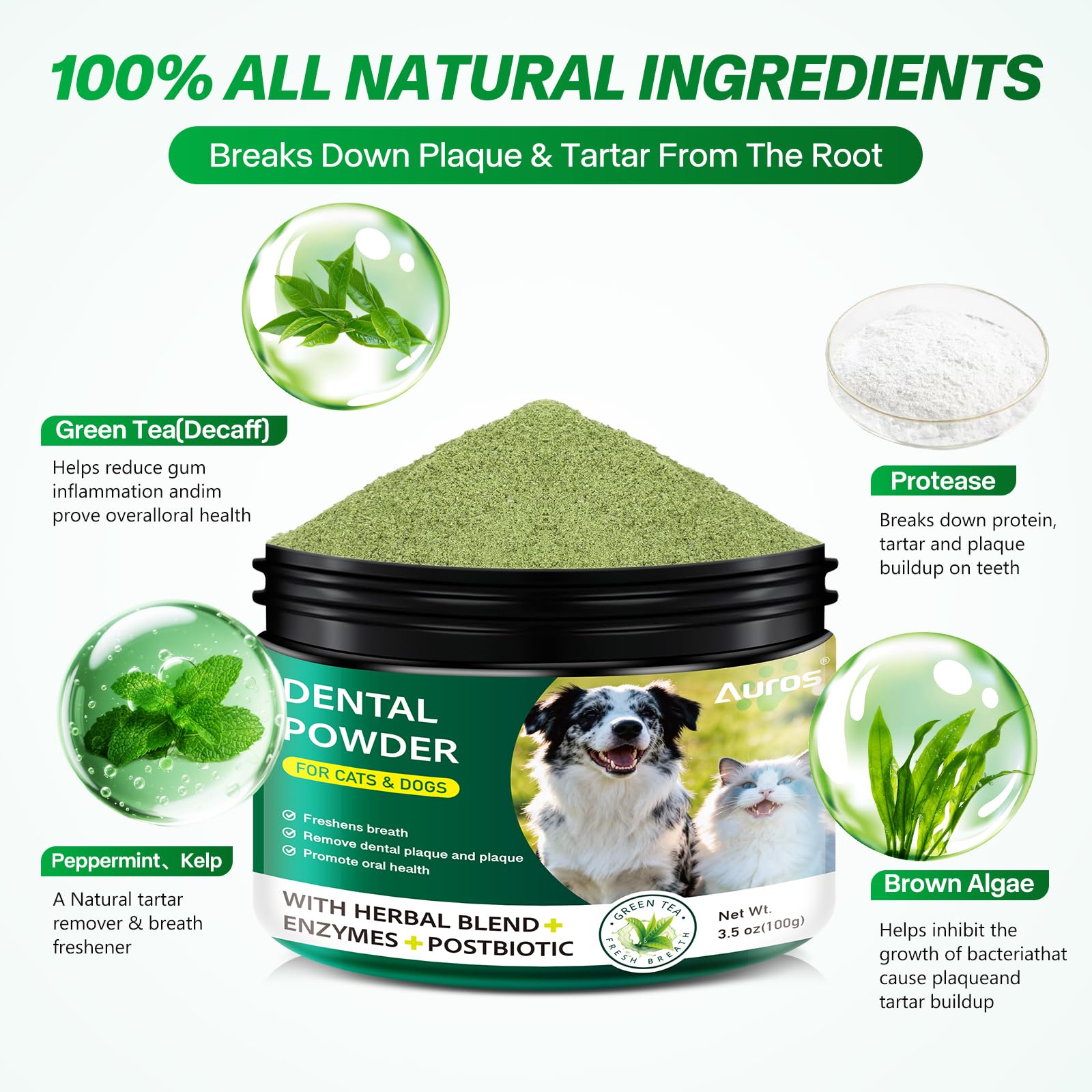 Dog Dental Powder for Teeth Cleaning Plaque & Bad Breath Off, Dental Powder for Dogs Teeth with Natural Herbal Blend & Postbiotics, Dog Teeth Cleaning Powder with Enzymes for Dogs & Cats (3.5oz) AUROS uk supplements
