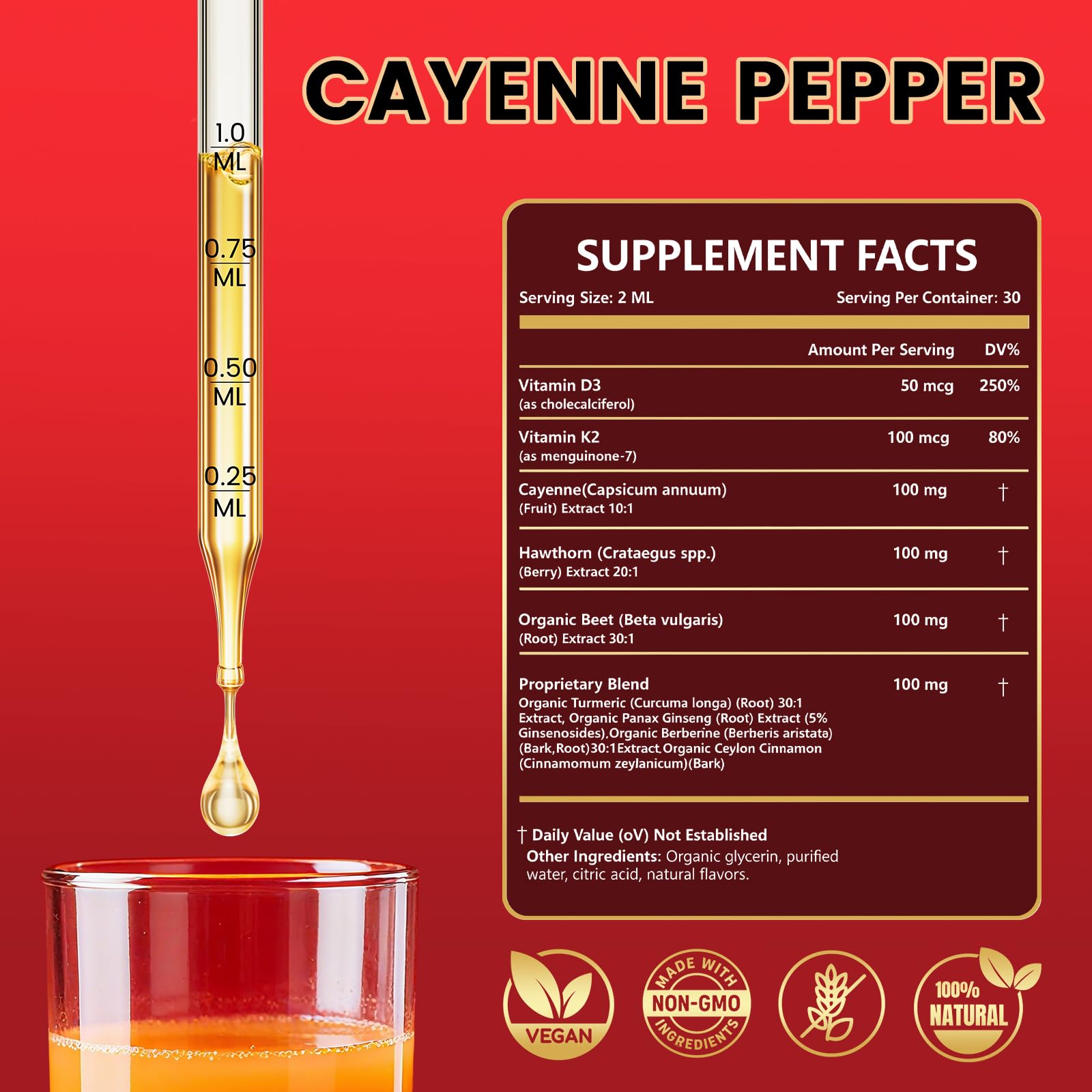 Cayenne Pepper Drops Supplement Liquid with Hawthorn Berry, Vitamin D3 K2, Turmeric Curcumin, Beet Root, Ceylon Cinnamon Vegan- Friendly - 60ml Rshoiw uk supplements