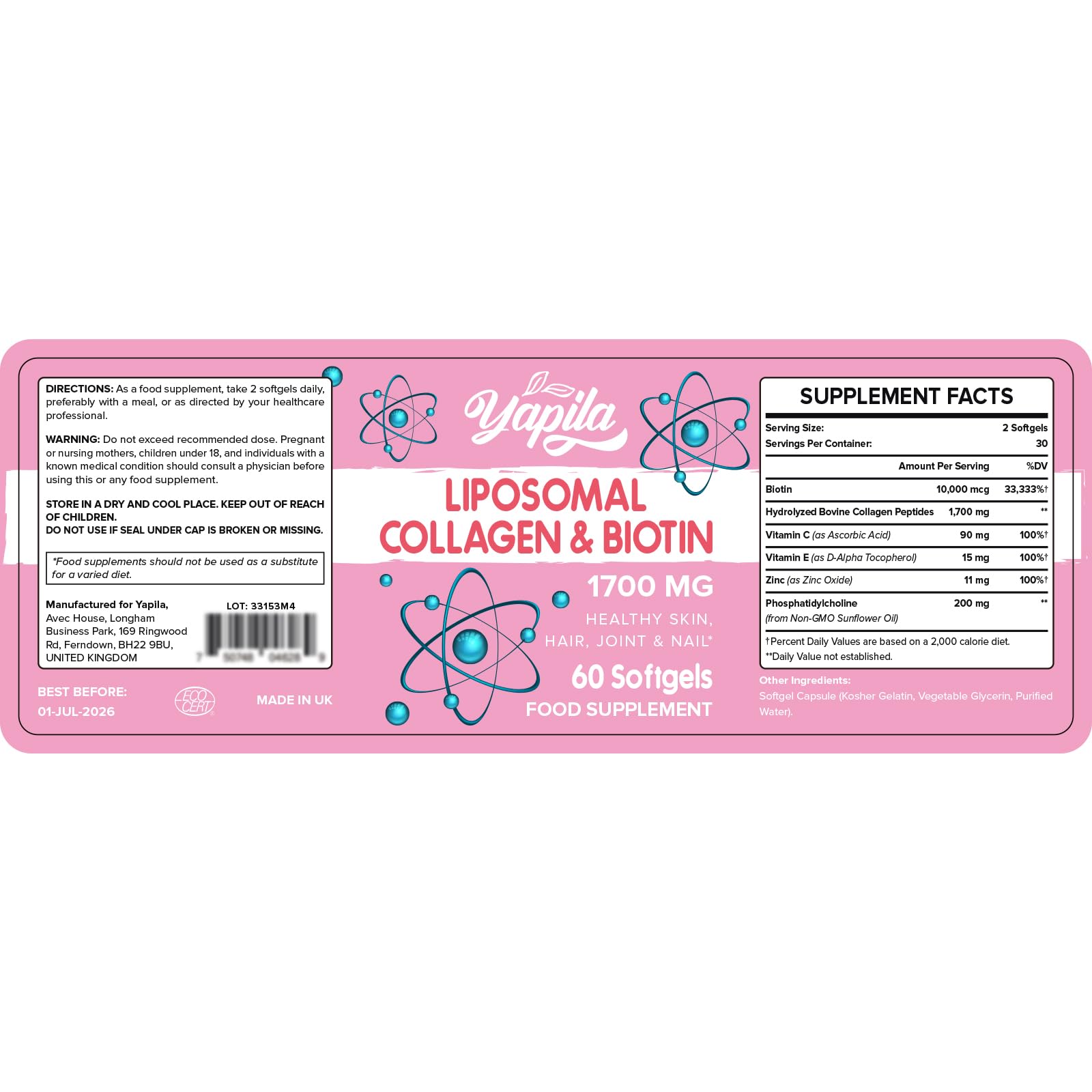 Liposomal Collagen Biotin Capsules, Hydrolyzed Bovine Collagen Peptides 1700 mg, Types 1 & 3 Protein Yapila uk supplements