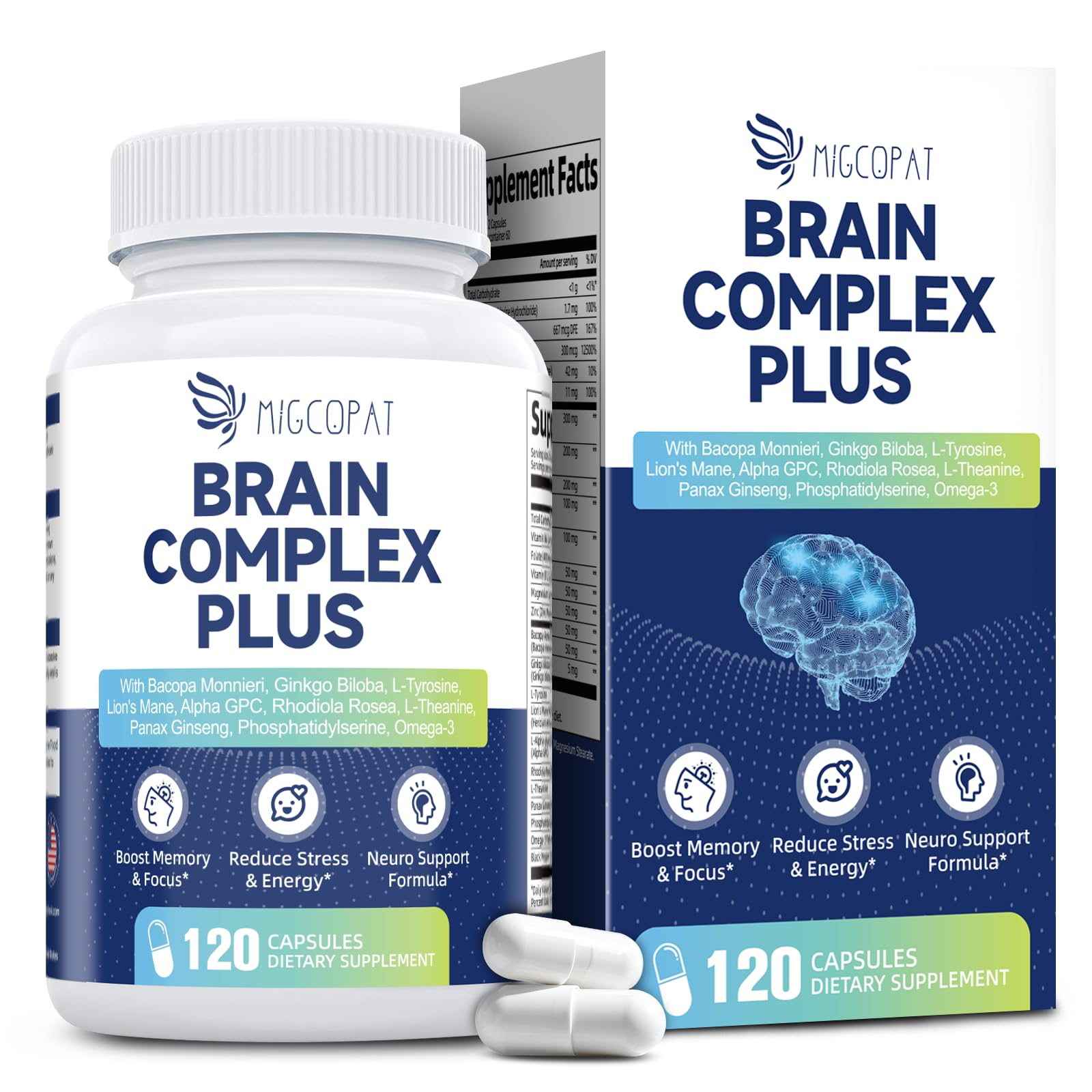 Brain Supplements for Memory & Focus - Nootropic with Bacopa Monnieri, Lion's Mane, Alpha GPC, Phosphatidylserine | Supports Mental Clarity & Cognitive Function | Vitamin B6 & B12-120 Capsules Migcopat uk supplements