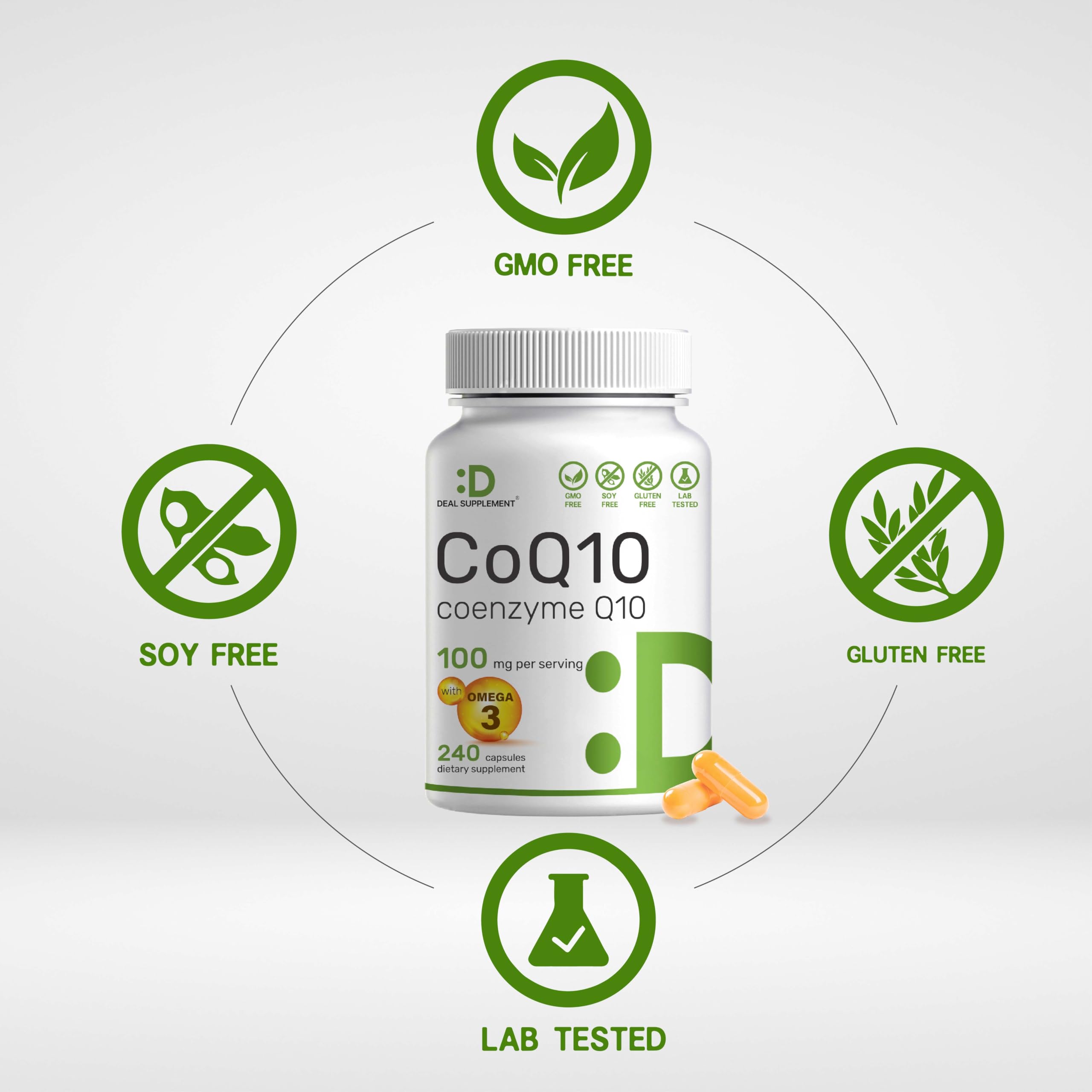 CoQ10 100mg, 240 Capsules – with Omega 3 Fatty Acid 100mg – Bioavailable Coenzyme DEAL SUPPLEMENT uk supplements