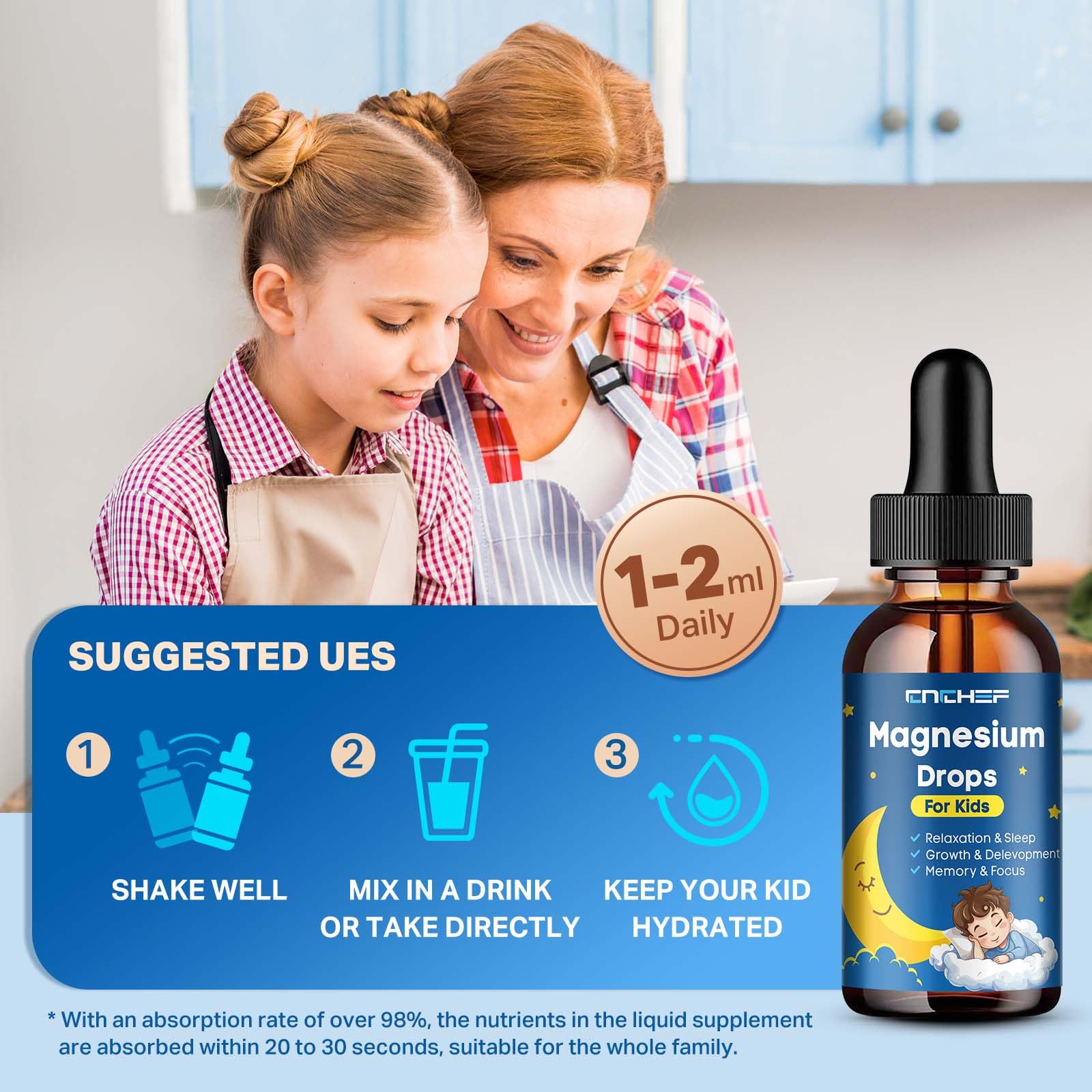 Magnesium Drops - Magnesium Glycinate Liquid Drops for Kids - Calm, Sleep, Relaxation, Bones, Brain Support with Vitamin B6, C, D3, Omega-3, L-Theanine, Zinc, Multivitamins - Strawberry Flavor 2 Fl Oz CNCHEF uk supplements