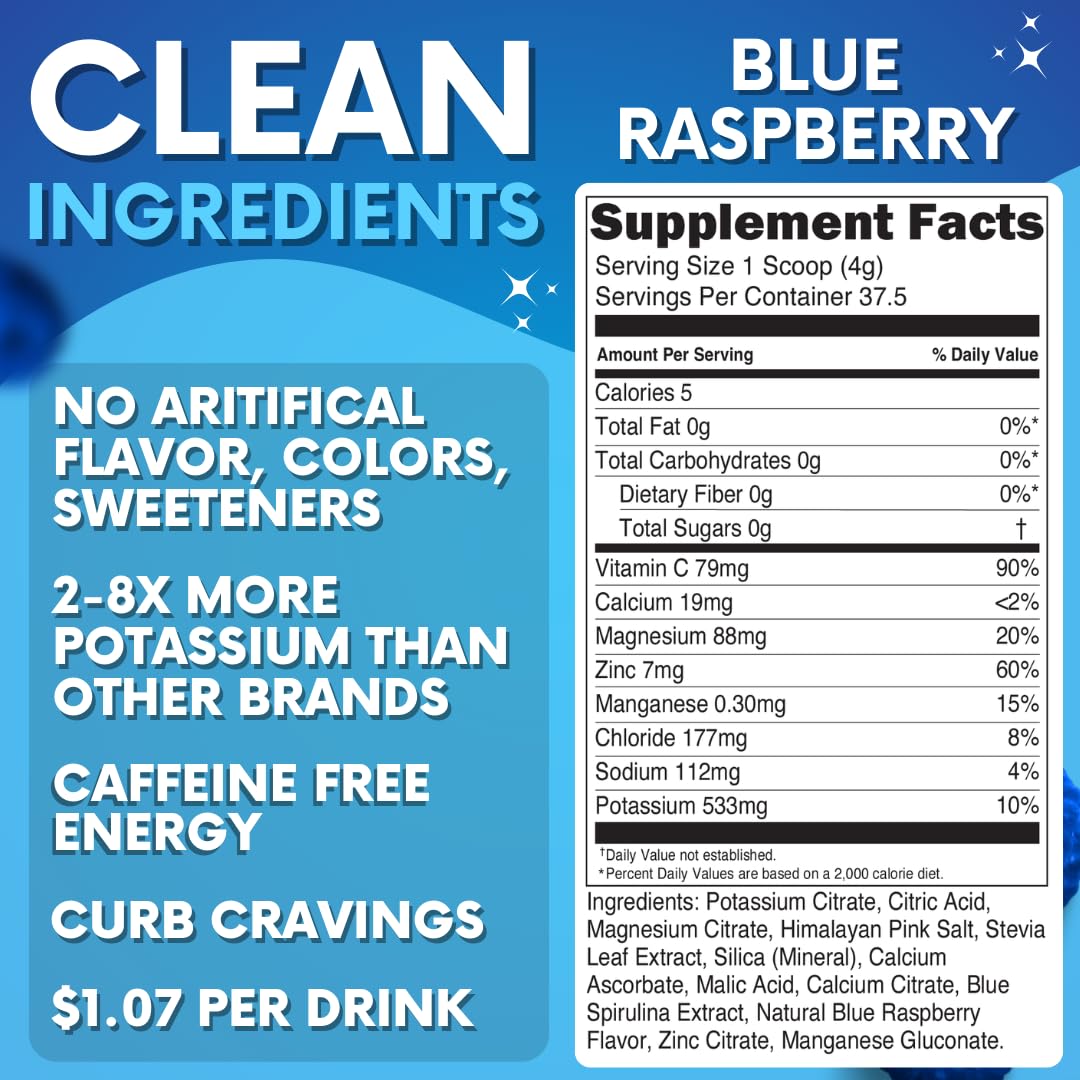 Zero Sugar - Blue Raspberry Electrolytes Powder - Refreshing Hydration - Caffeine Free Energy - All Natural Ingredients - Vegan, Keto and Paleo - Sugar Free Electrolyte Powder Drink Mix - 37 Servings My Adventure to Fit uk supplements