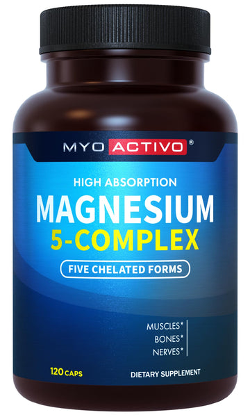 MyoActivo 5-in-1 Magnesium Complex - High Absorption - Chelated Magnesium Glycinate, Malate, Citrate, Taurate, & Aspartate for Nerves, Muscles, Bones | 120 Capsules | Magnesium Supplement MyoActivo uk supplements