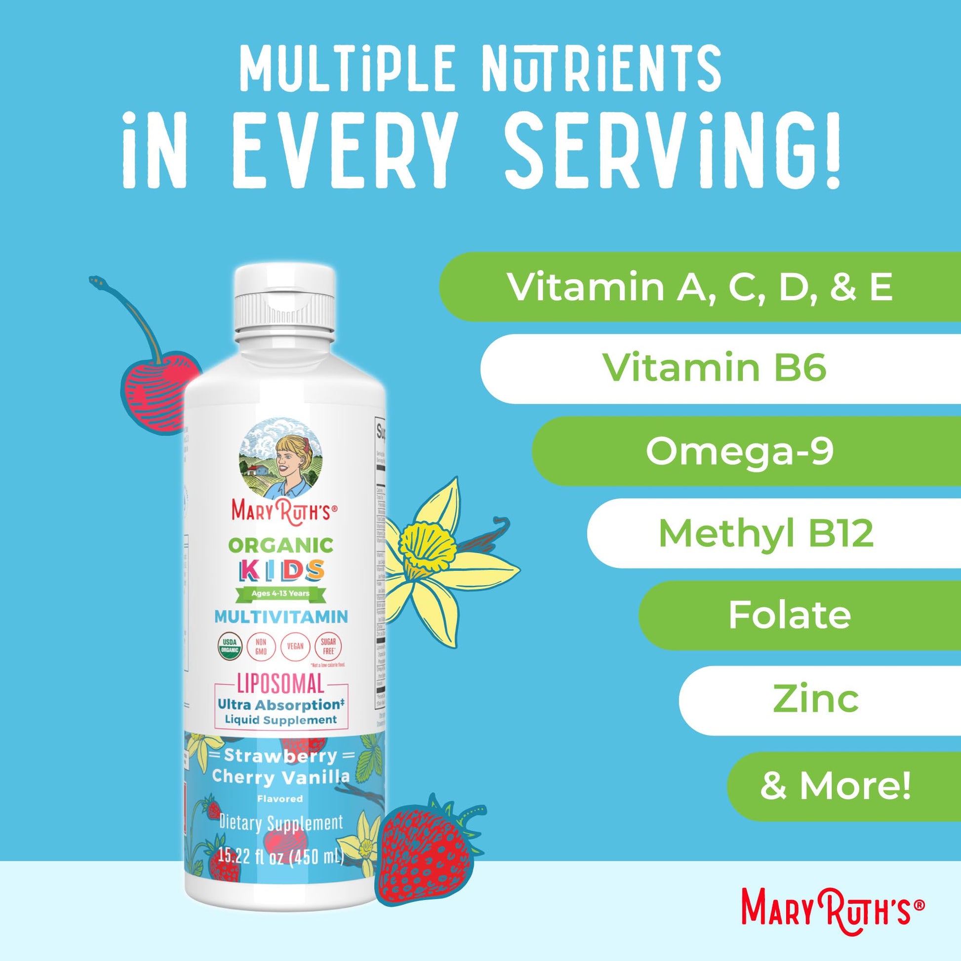 MaryRuth Organics Kids Multivitamin Liposomal | Vegan, Sugar-Free Vitamins for Kids | Ages 4+ | 2 Month Supply | 15.22 Fl Oz MaryRuth Organics uk supplements