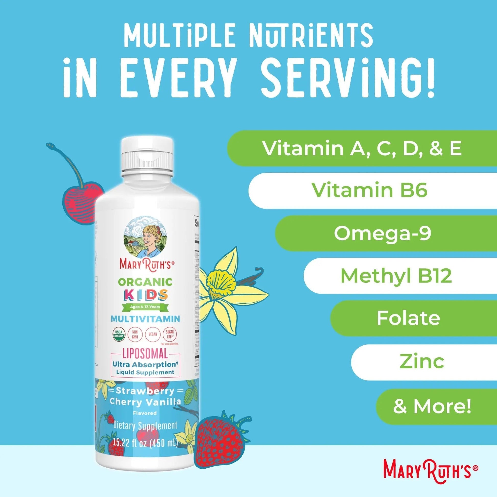 MaryRuth Organics Kids Multivitamin Liposomal (Strawberry Cherry & Vanilla) & Vitamin D3 Liposomal (Mixed Berry) Clean Label Project Verified MARYRUTH'S uk supplements