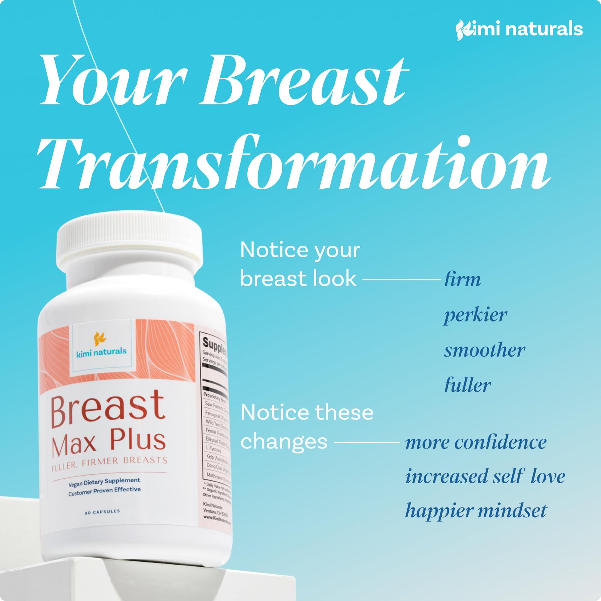 KIMI Naturals Breast Max Plus - Breast Enhancement Pills | Breast Enlargement Supplements with Fenugreek, Breast Growth, Supports Breast Firmness | 90 Capsules KIMI uk supplements