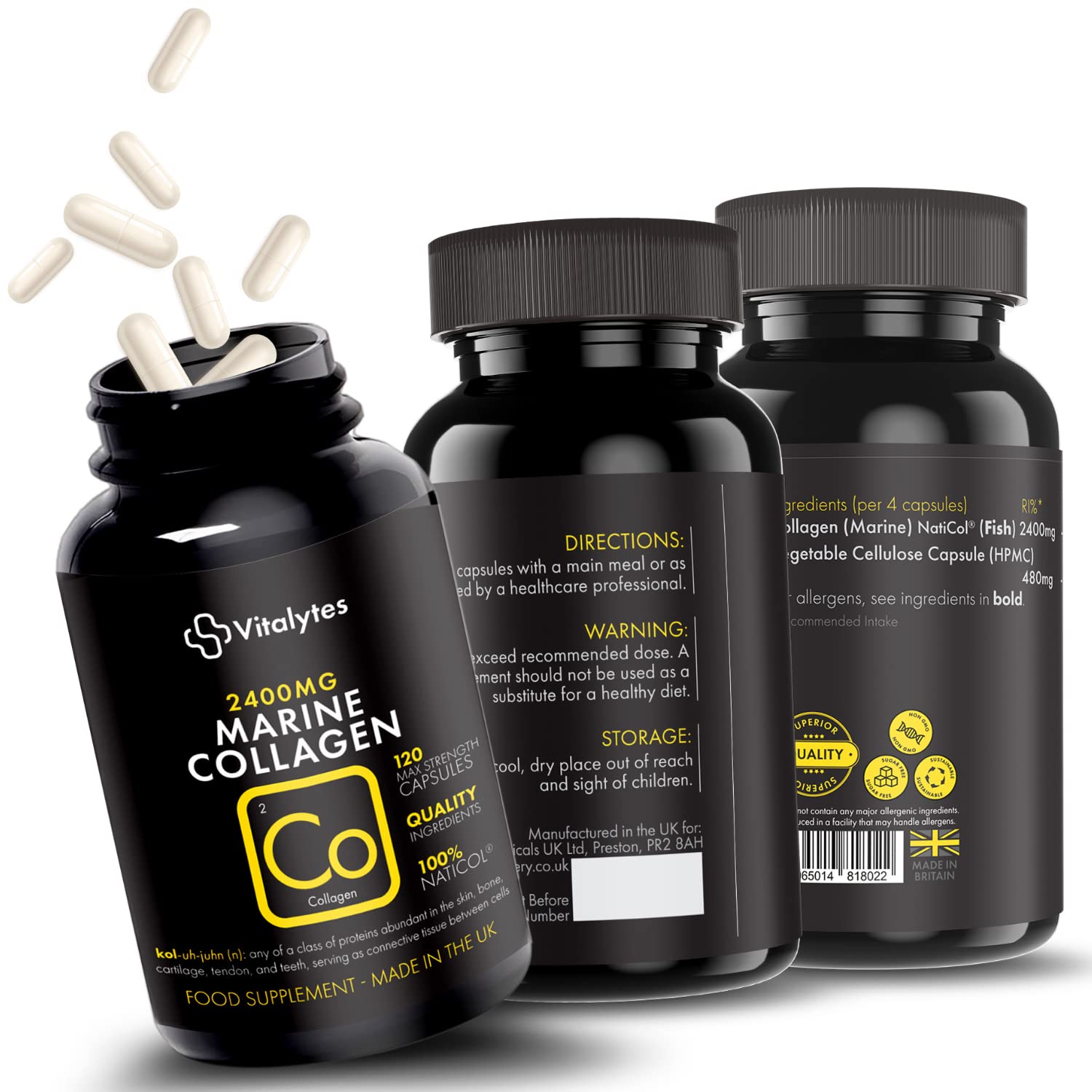 Vitalytes Marine Collagen Supplement 2400mg | 120 Marine Collagen Capsules Made in The UK Vitalytes uk supplements
