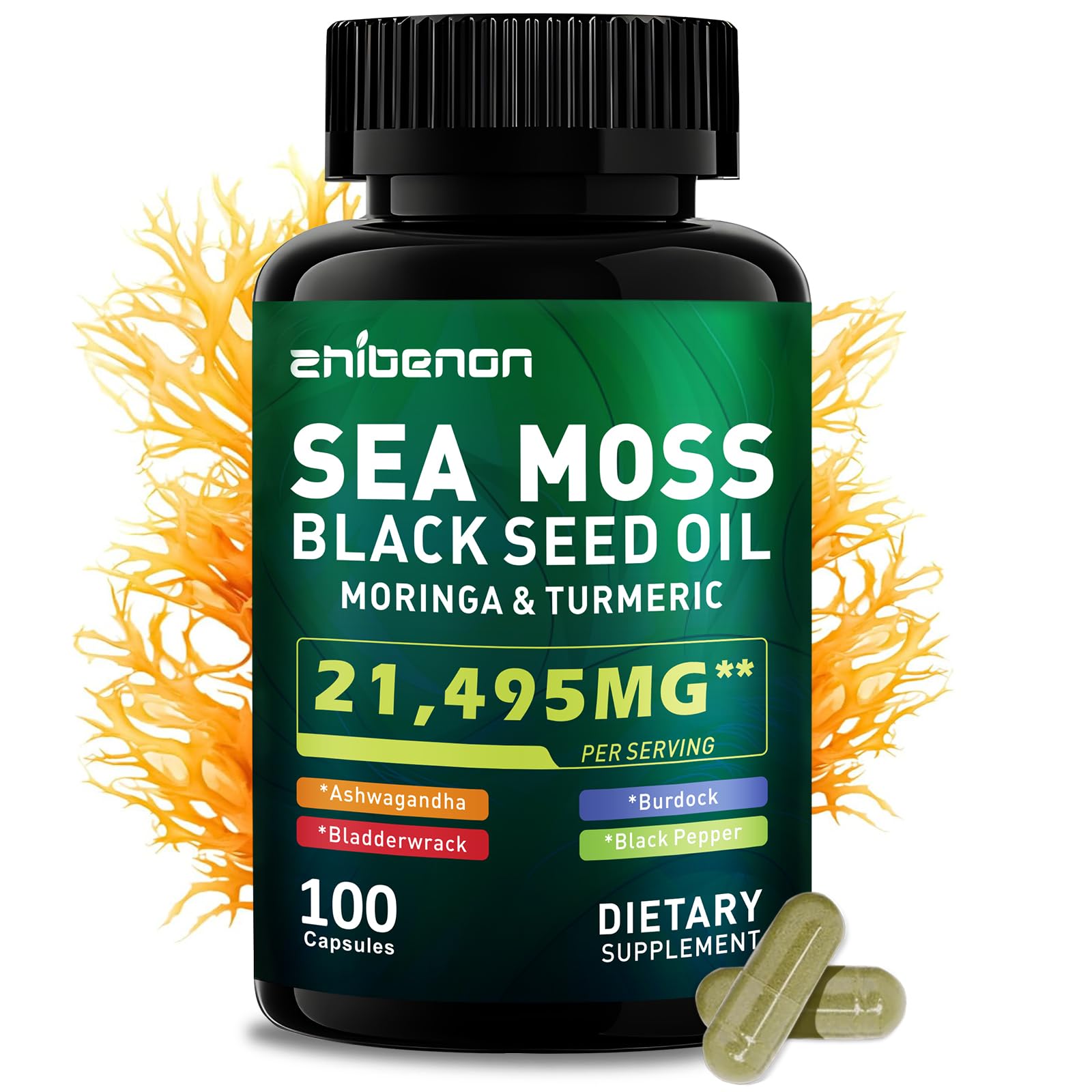 Zhibenon Sea Moss Capsules with Bladderwrack & Burdock - 50 Day Supply - Powerful Formula with Black Seed Oil, Ashwagandha, Turmeric, Vitamin C, Vitamin D3, Moringa & Black Pepper Extract Zhibenon uk supplements