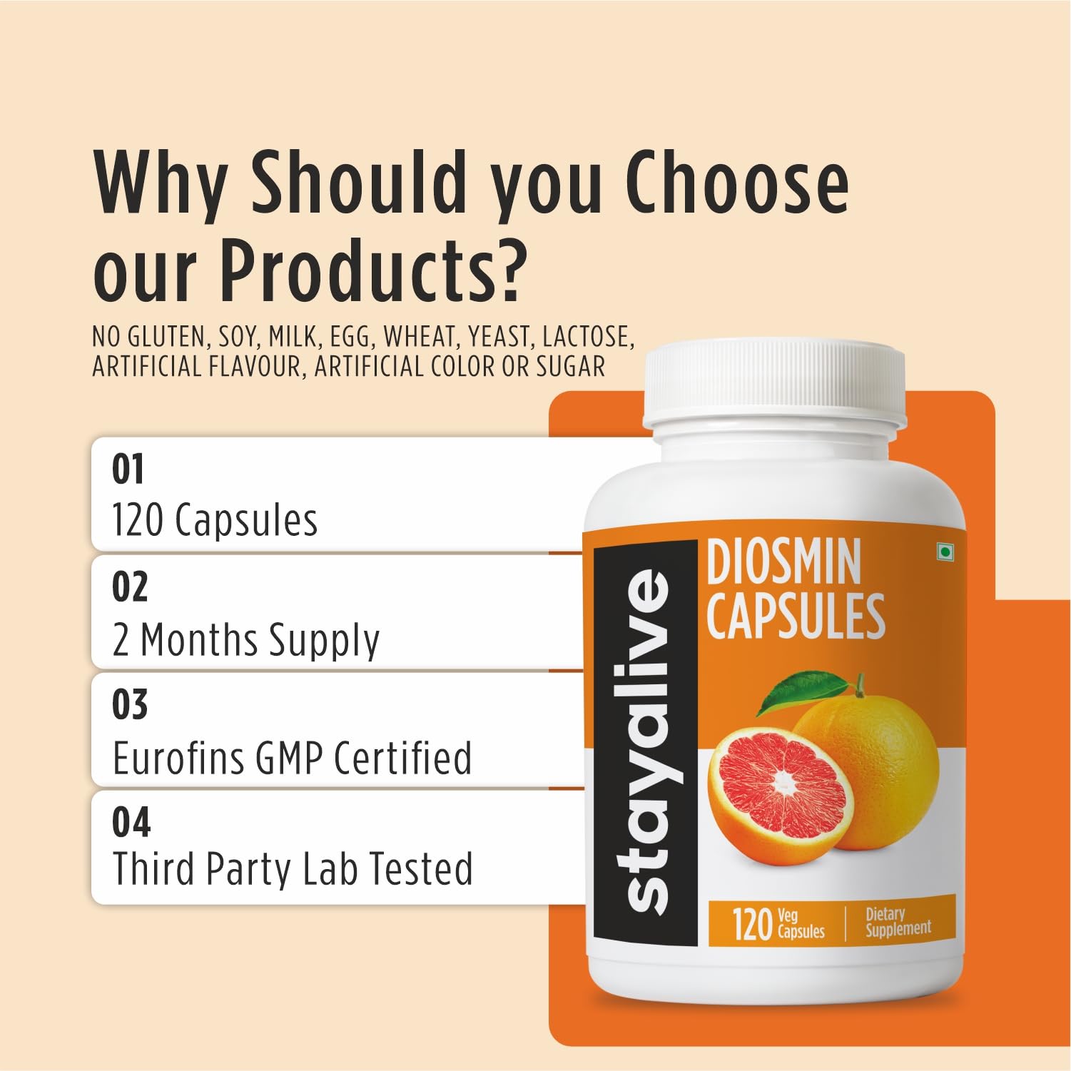 STAY ALIVE Pure Diosmin Complex 1000mg Formula, 120 Capsules, Citrus Bioflavonoids Rich Fruit Extract, 2 Month Supply, 100% Vegetarian, Non-GMO & Gluten Free Diosmin Supplement STAY ALIVE uk supplements