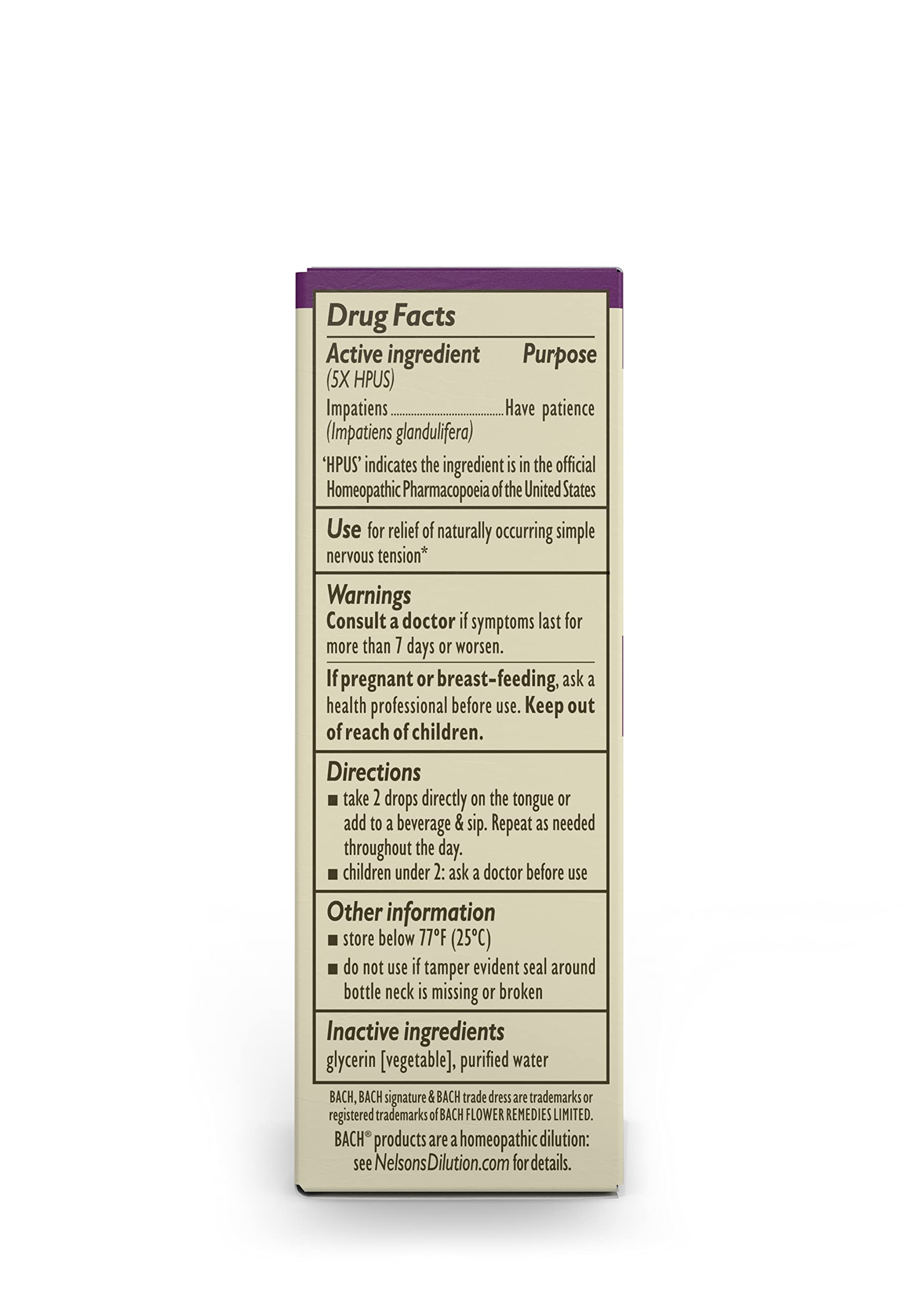 Bach Original Flower Remedies, Impatiens for Patience (Non-Alcohol Formula), Natural Homeopathic Bach uk supplements
