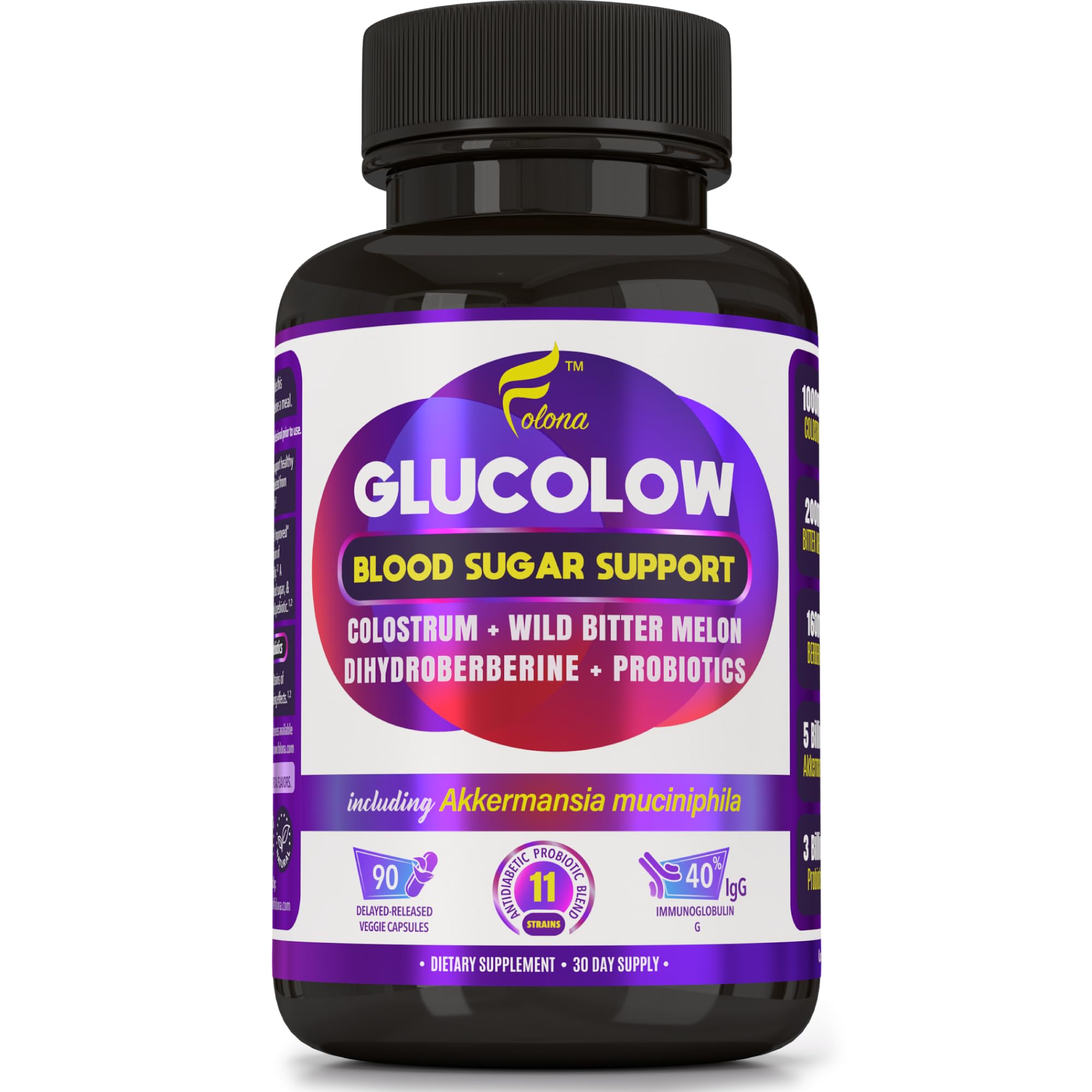 Blood Sugar Support Colostrum Supplement w/ Bitter Melon, Probiotics Blend w/ Akkermansia & Prebiotic Berberine | For Healthy Blood Glucose, Metabolism, Gut & Immunity | 90 Delayed Release Vegan Caps FOLONA uk supplements