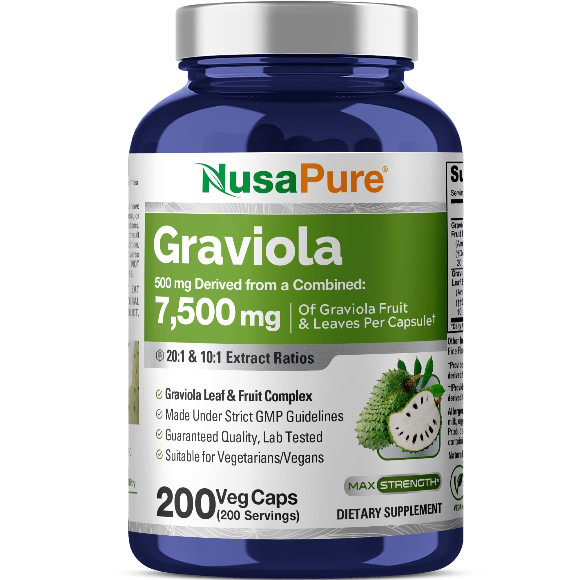 NusaPure Graviola 20:1 & 10:1 Extract - Suitable for Vegetarian/Vegan, Non- GMO - 7500 mg - 200 Capsules NusaPure uk supplements