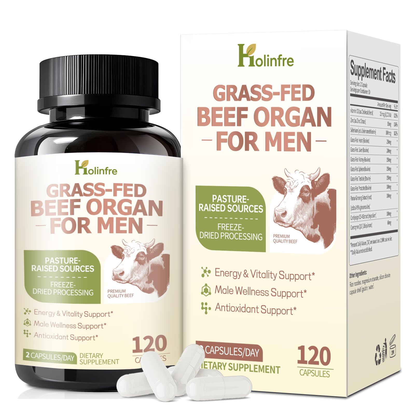 Grass Fed Beef Organ Supplement for Men - Beef Liver Capsules,Pasture Raised Beef Organs with Heart, Liver, Kidney, Spleen, Testicle & Prostate, Zinc, Selenium, Vitamin D3, Ginseng, Cordyceps HOLINFRE uk supplements