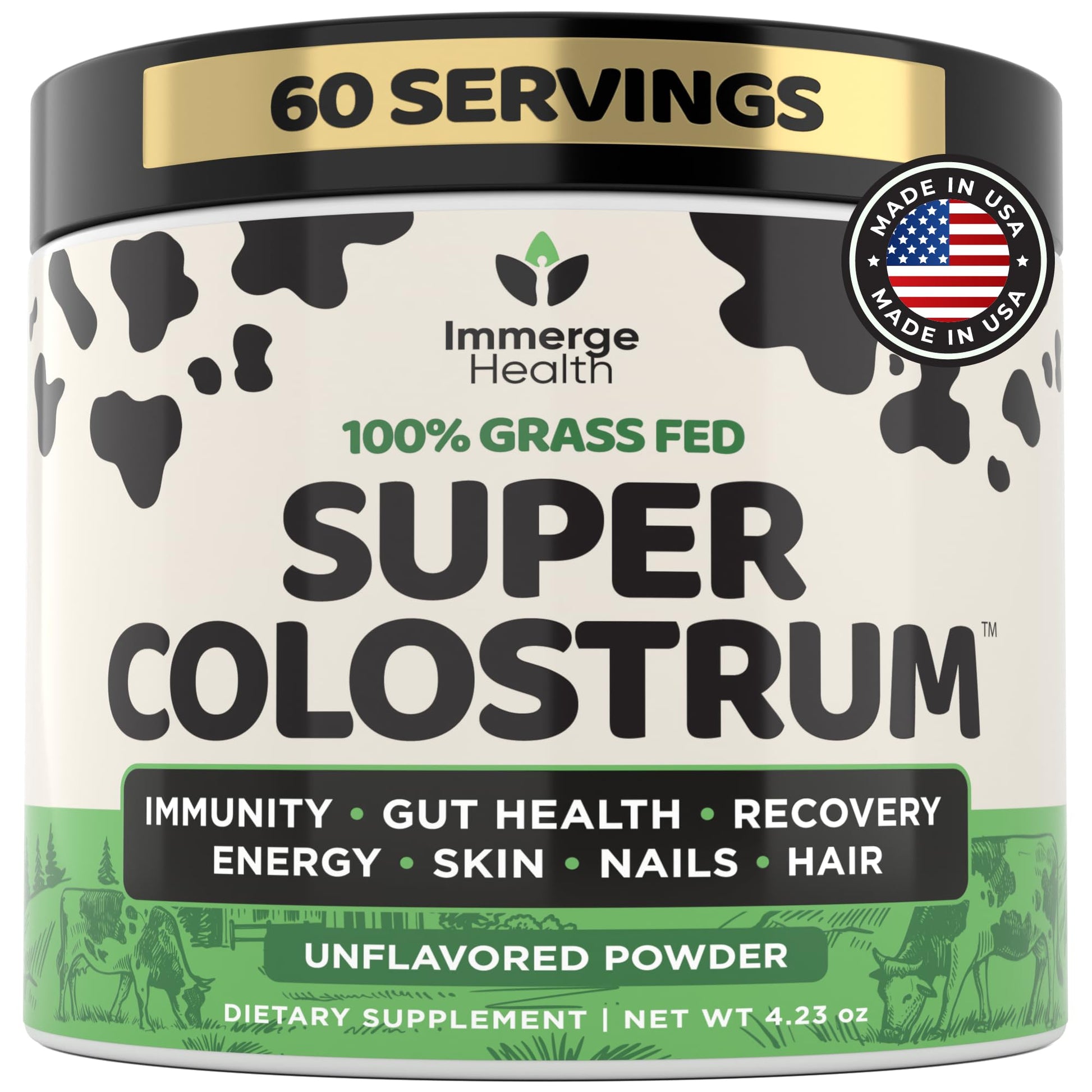 Immerge Health Super Colostrum Powder (60 Servings) – Premium Bovine Colostrum Supplement for Gut Health, Bloating & Immune Support – High IgG, 100% Grass Fed First Milking, Unflavored, Made in USA ImmergeHealth.com uk supplements