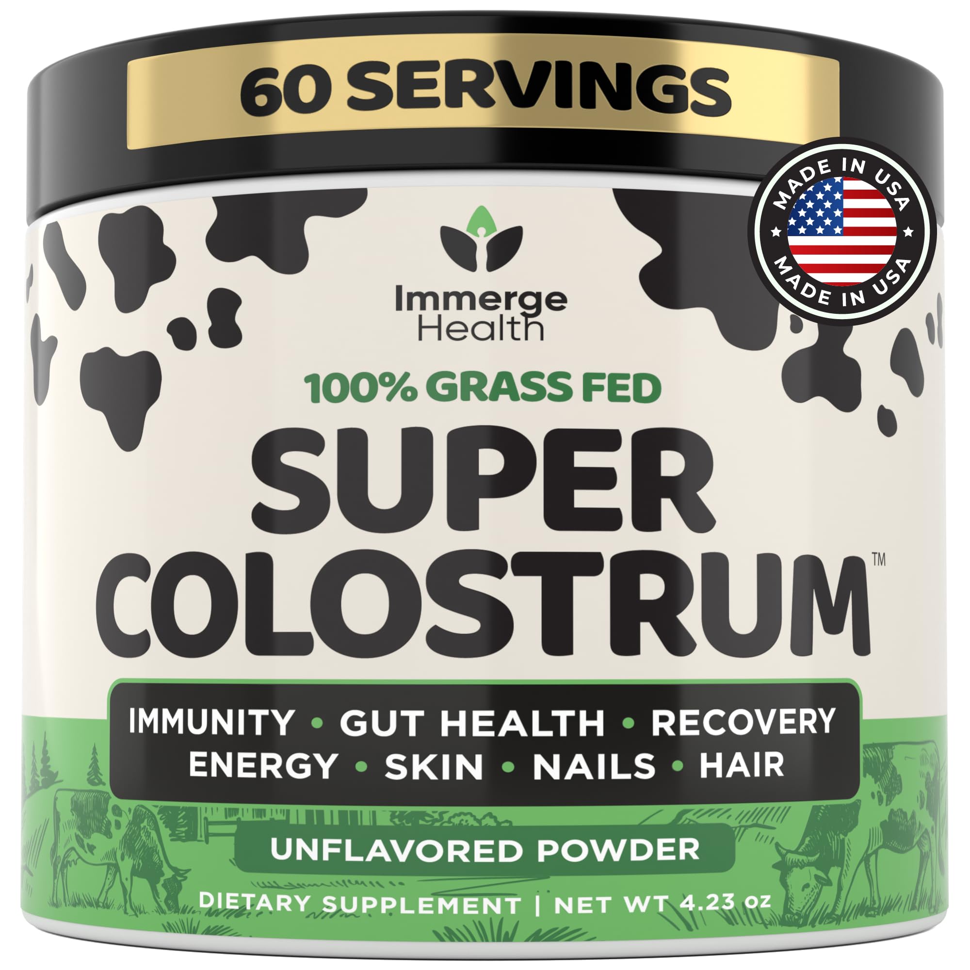 Immerge Health Super Colostrum Powder (60 Servings) – Premium Bovine Colostrum Supplement for Gut Health, Bloating & Immune Support – High IgG, 100% Grass Fed First Milking, Unflavored, Made in USA ImmergeHealth.com uk supplements