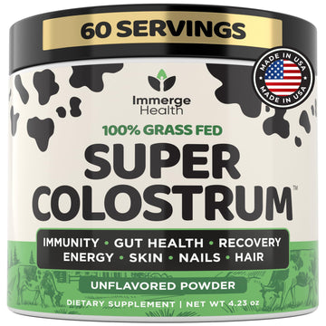 Immerge Health Super Colostrum Powder (60 Servings) – Premium Bovine Colostrum Supplement for Gut Health, Bloating & Immune Support – High IgG, 100% Grass Fed First Milking, Unflavored, Made in USA ImmergeHealth.com uk supplements