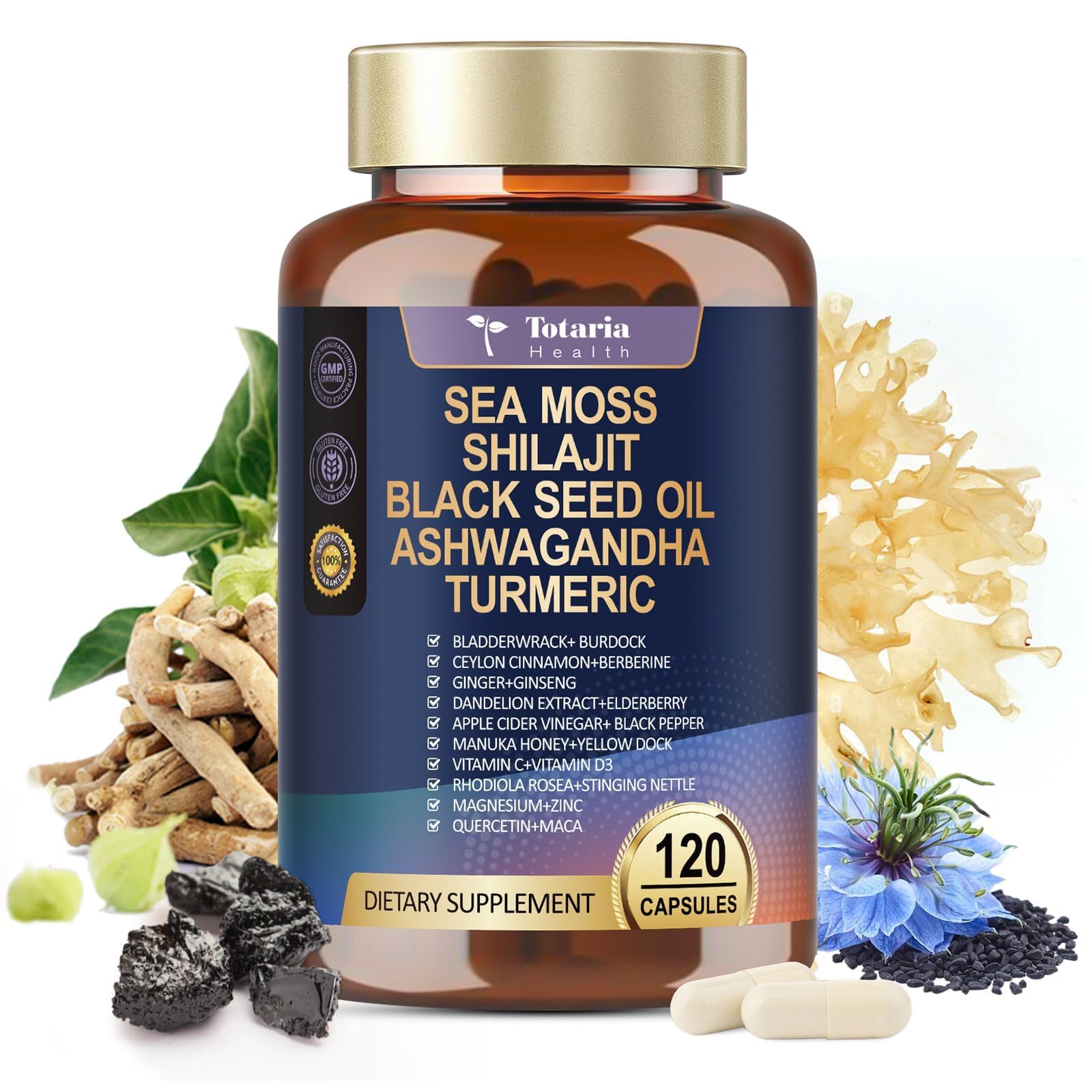25-in-1 Sea Moss Black Seed Oil Ashwagandha Ginger Shilajit Supplement, Sea Moss Capsules Pro with Bladder Burdock Ceylon Cinnamon Berberine ACV Manuka VIT C & D3 for Men Women, 120 Vegan Caps Totaria uk supplements
