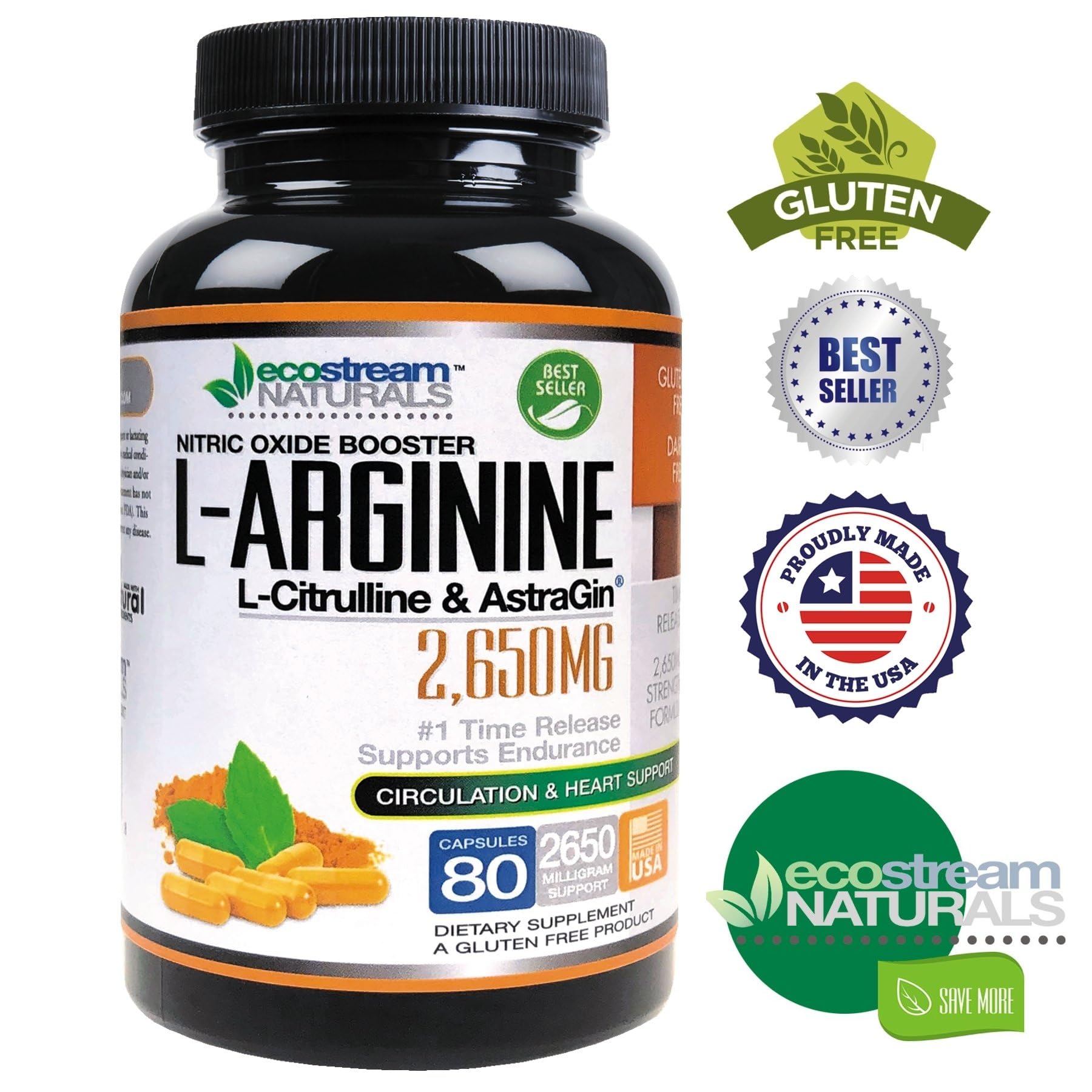 ecostream Naturals MAX 2650mg Nitric Oxide Booster L-Arginine - L-Citruline and Astragin - Time Release 2650 MAX Formula ecostream Naturals uk supplements