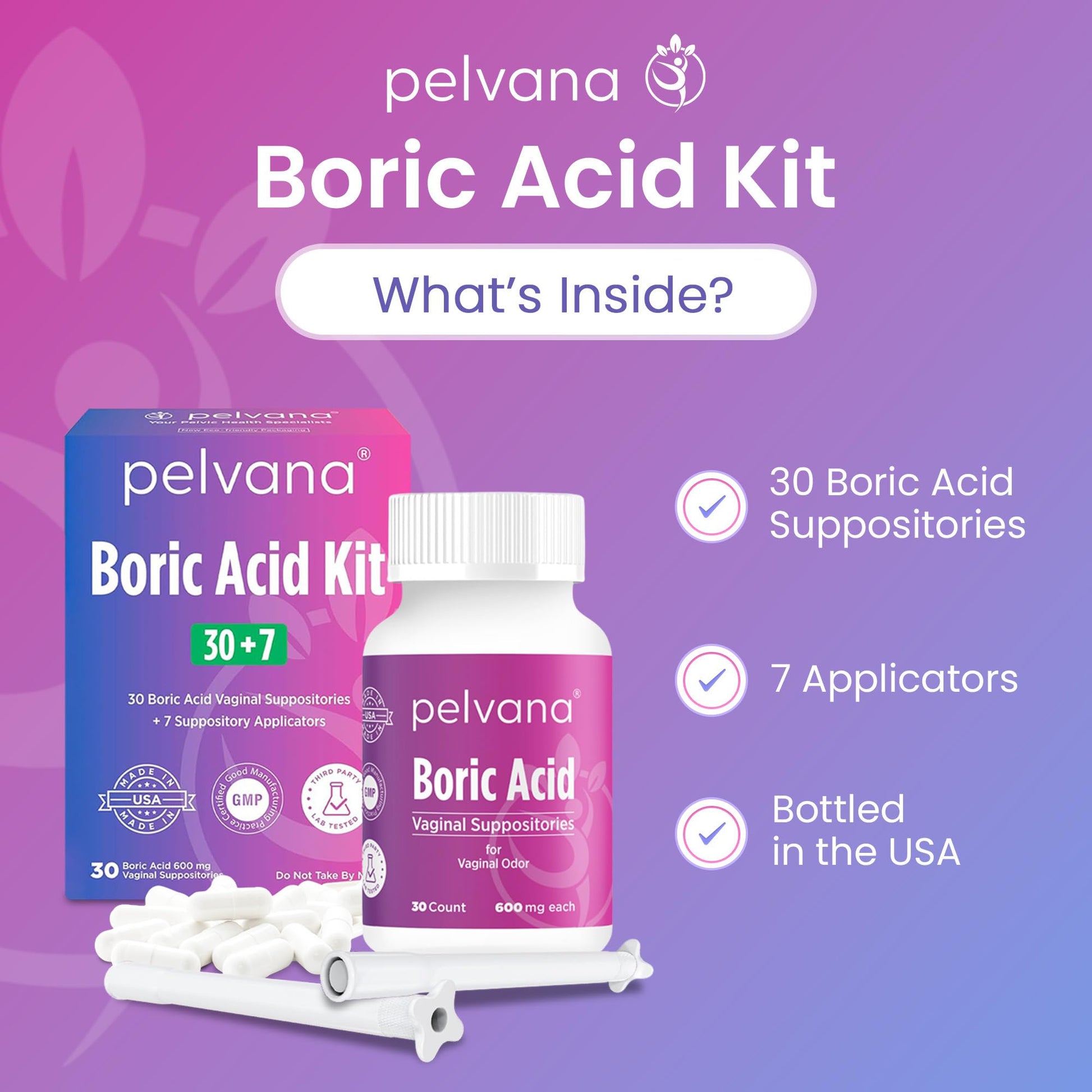 Pelvana Boric Acid Suppositories for Women - 30 Count + 7 Applicators - 600mg Boric Acid Capsules for Vaginal Odor Use Pelvana uk supplements