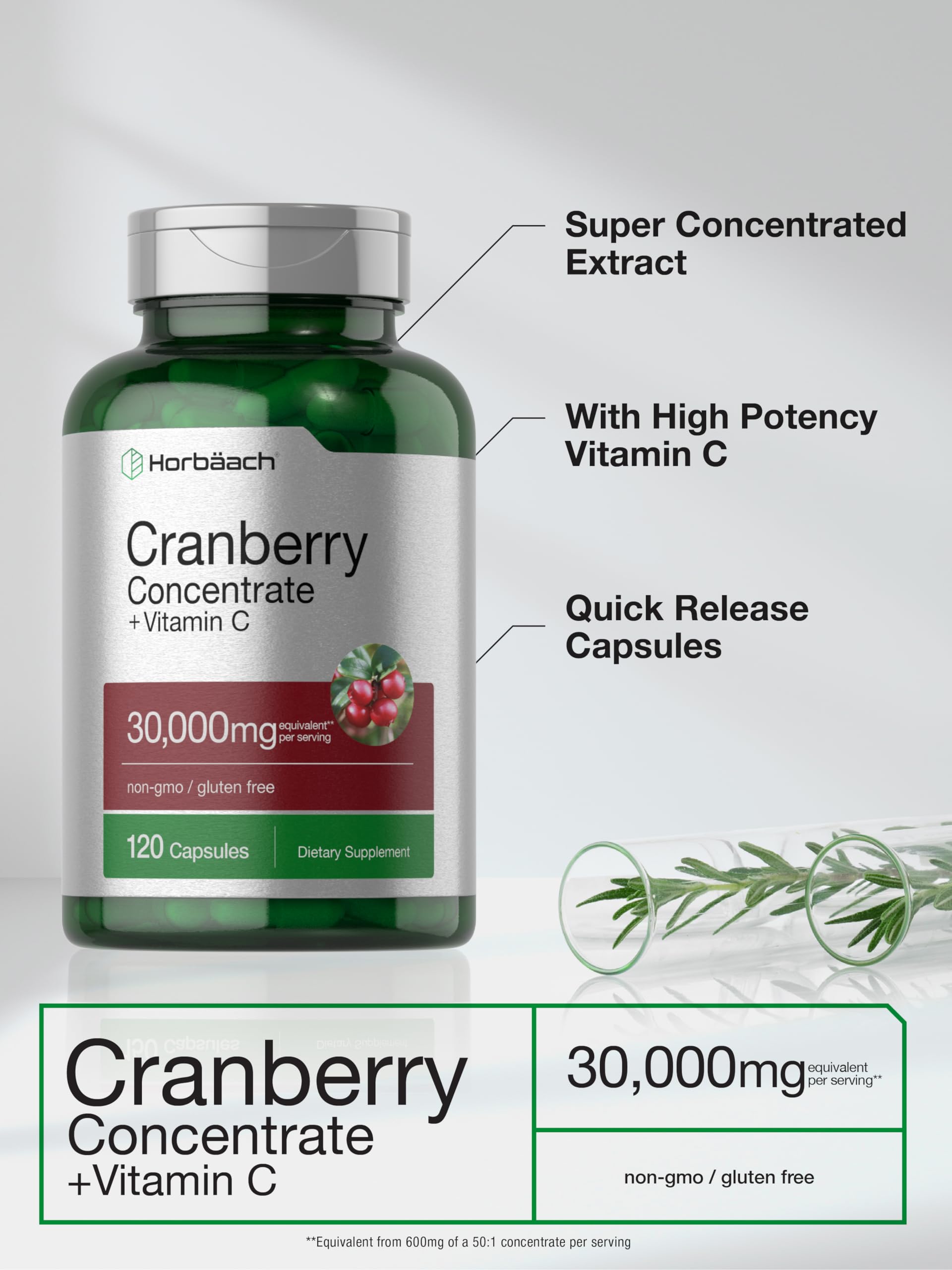 Cranberry Concentrate Extract Pills + Vitamin C | 30,000mg | 120 Capsules | Triple Strength Horbäach uk supplements