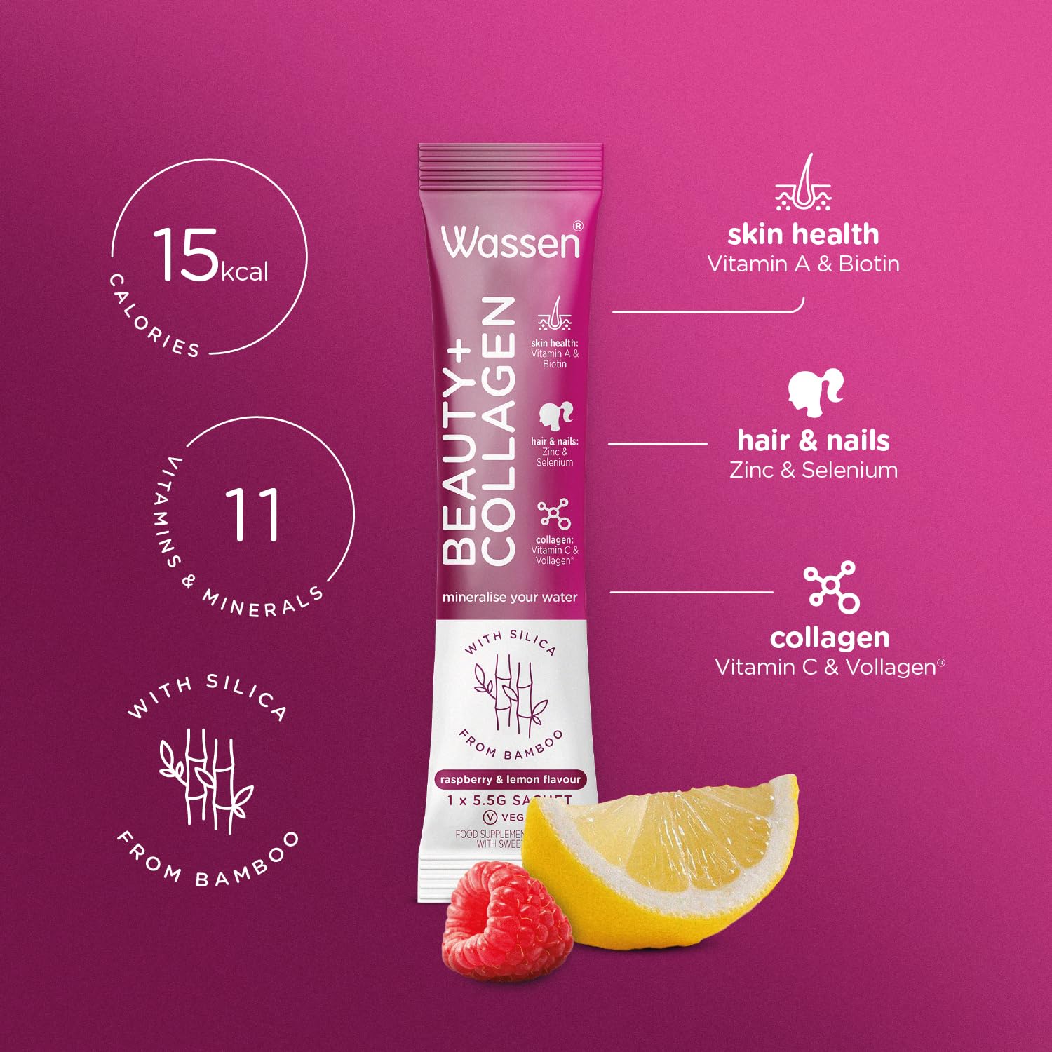 Wassen Beauty and Collagen - Plant-Based Vegan Collagen - 14 Raspberry & Lemon Flavoured Sachets Wassen uk supplements