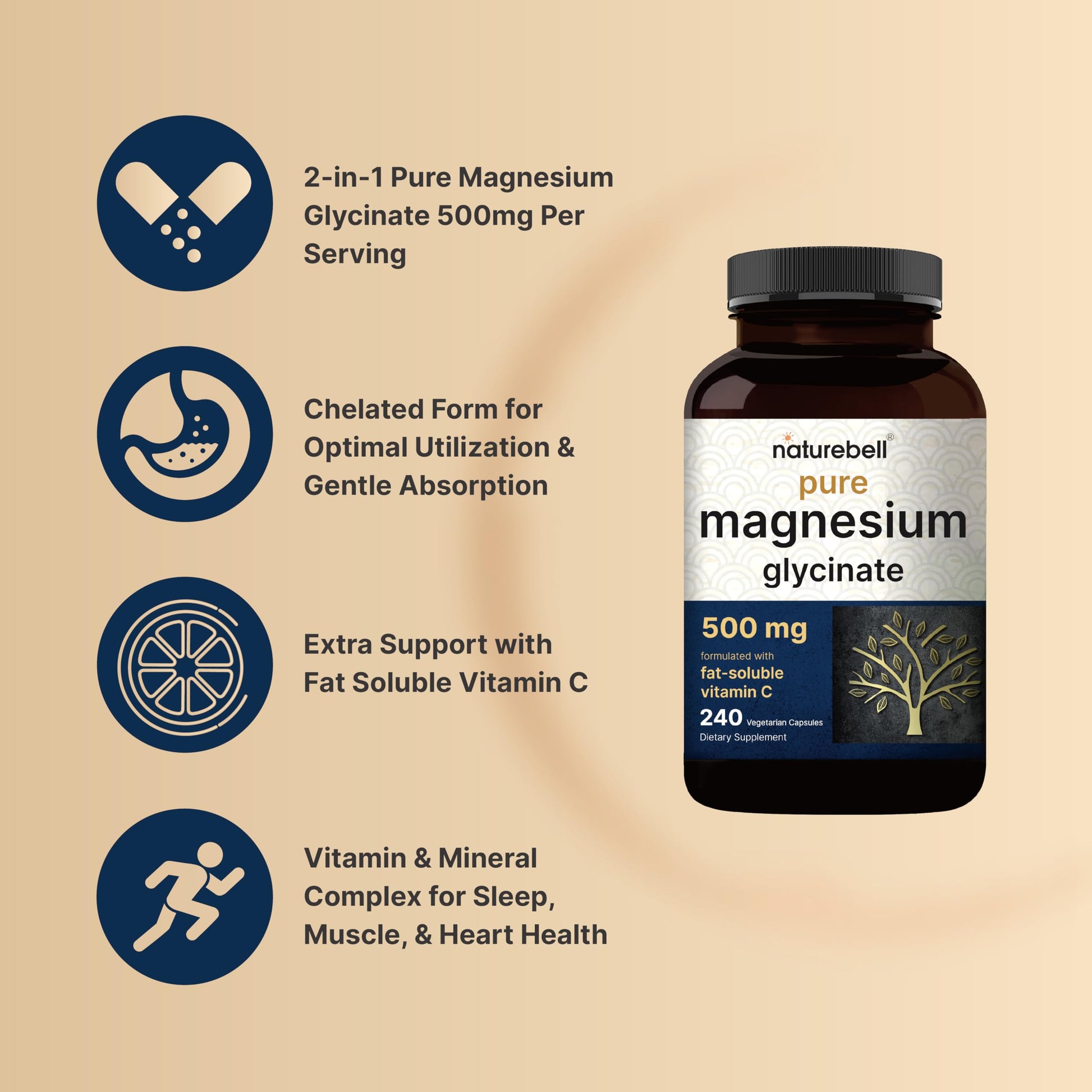 Naturebell Pure Magnesium Glycinate 500mg, 240 Veggie Capsules | 100% Chelated & Purified – 3rd Party Tested, Vegan Friendly, Non-GMO, Fiiler Free NatureBell uk supplements