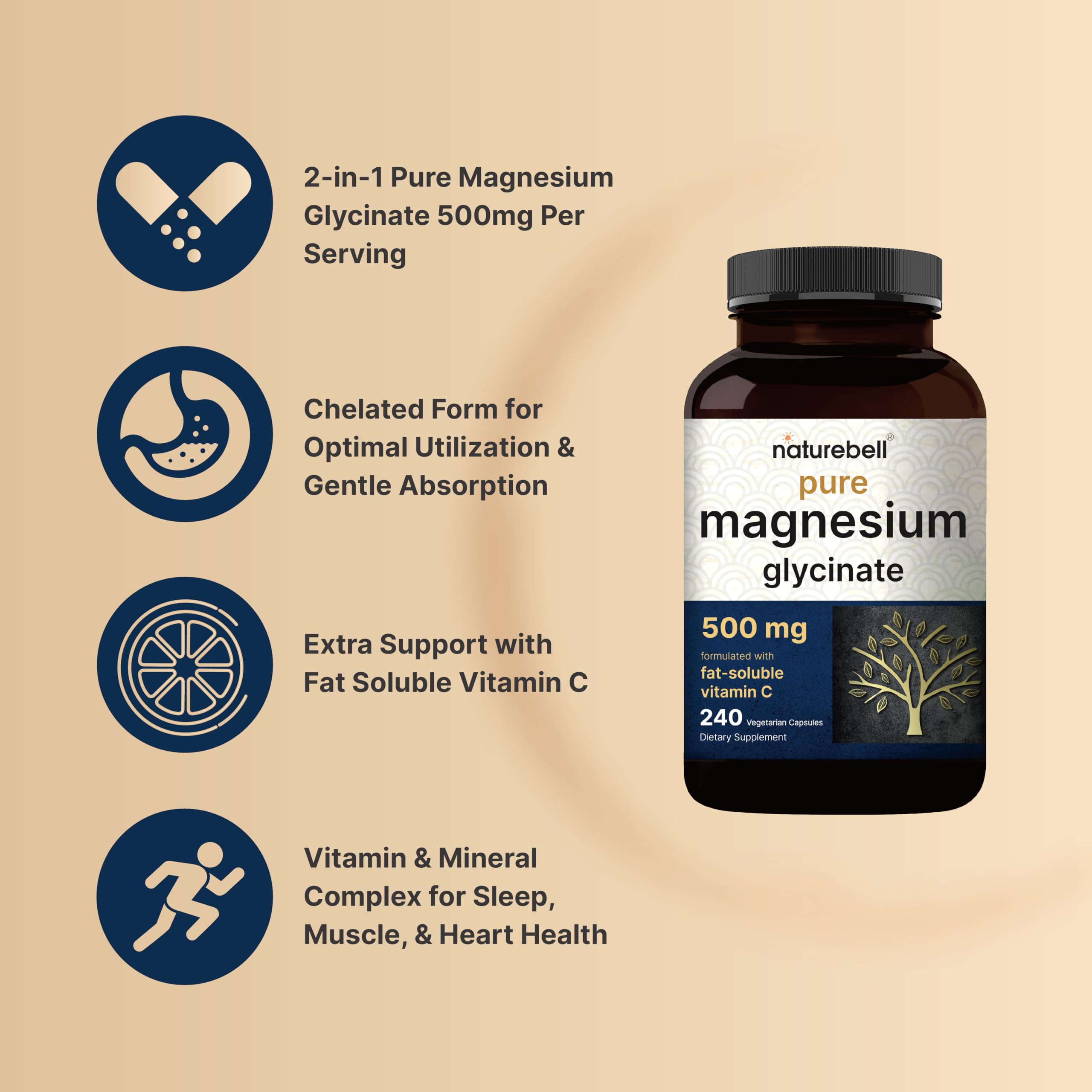 Naturebell Pure Magnesium Glycinate 500mg, 240 Veggie Capsules | 100% Chelated & Purified – 3rd Party Tested, Vegan Friendly, Non-GMO, Fiiler Free NatureBell uk supplements