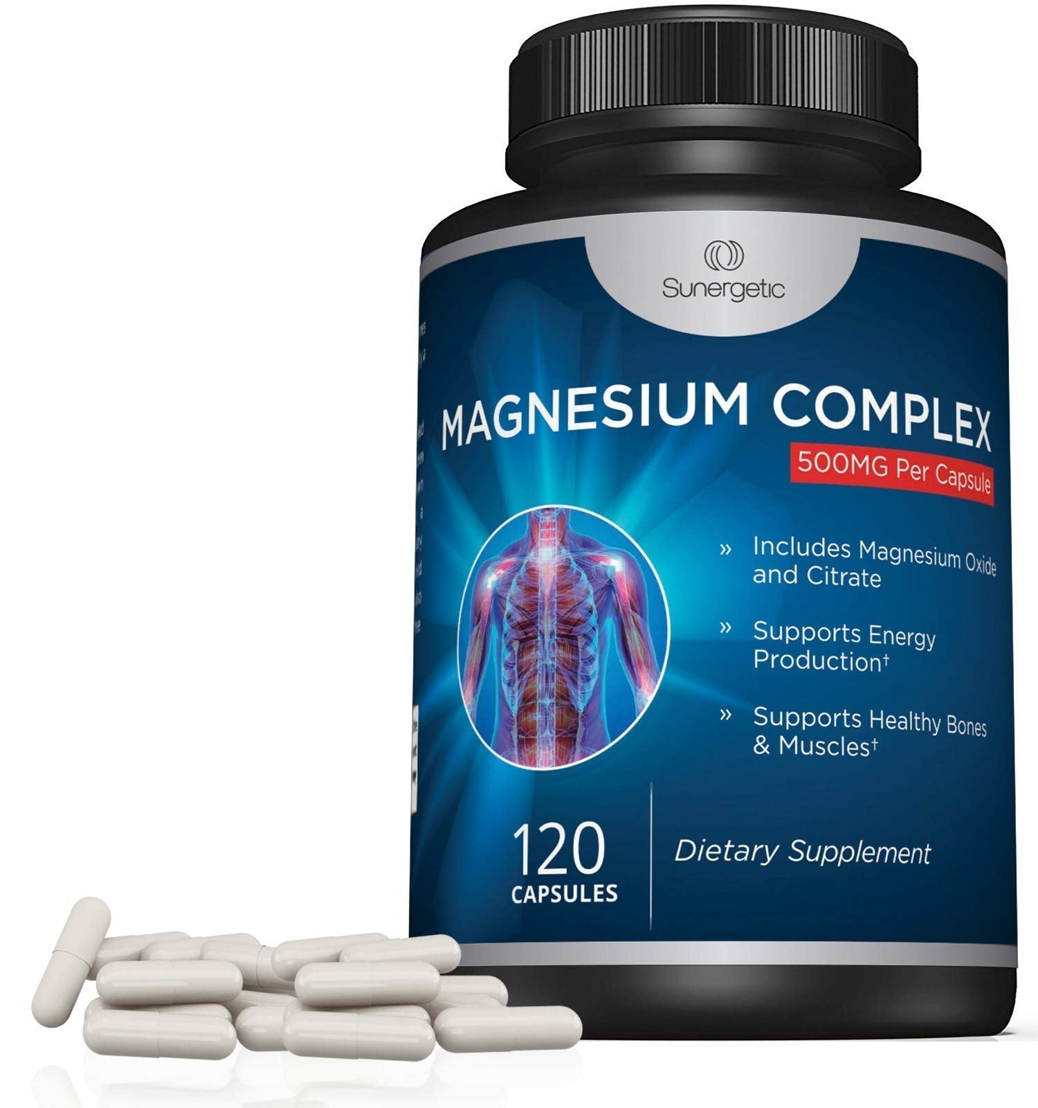 Premium Magnesium Citrate Capsules – Powerful 500mg Magnesium Oxide & Citrate Supplement – Helps Support Healthy Bones, Muscles, Teeth, Energy & Relaxation – 120 Vegetable Capsules Sunergetic uk supplements